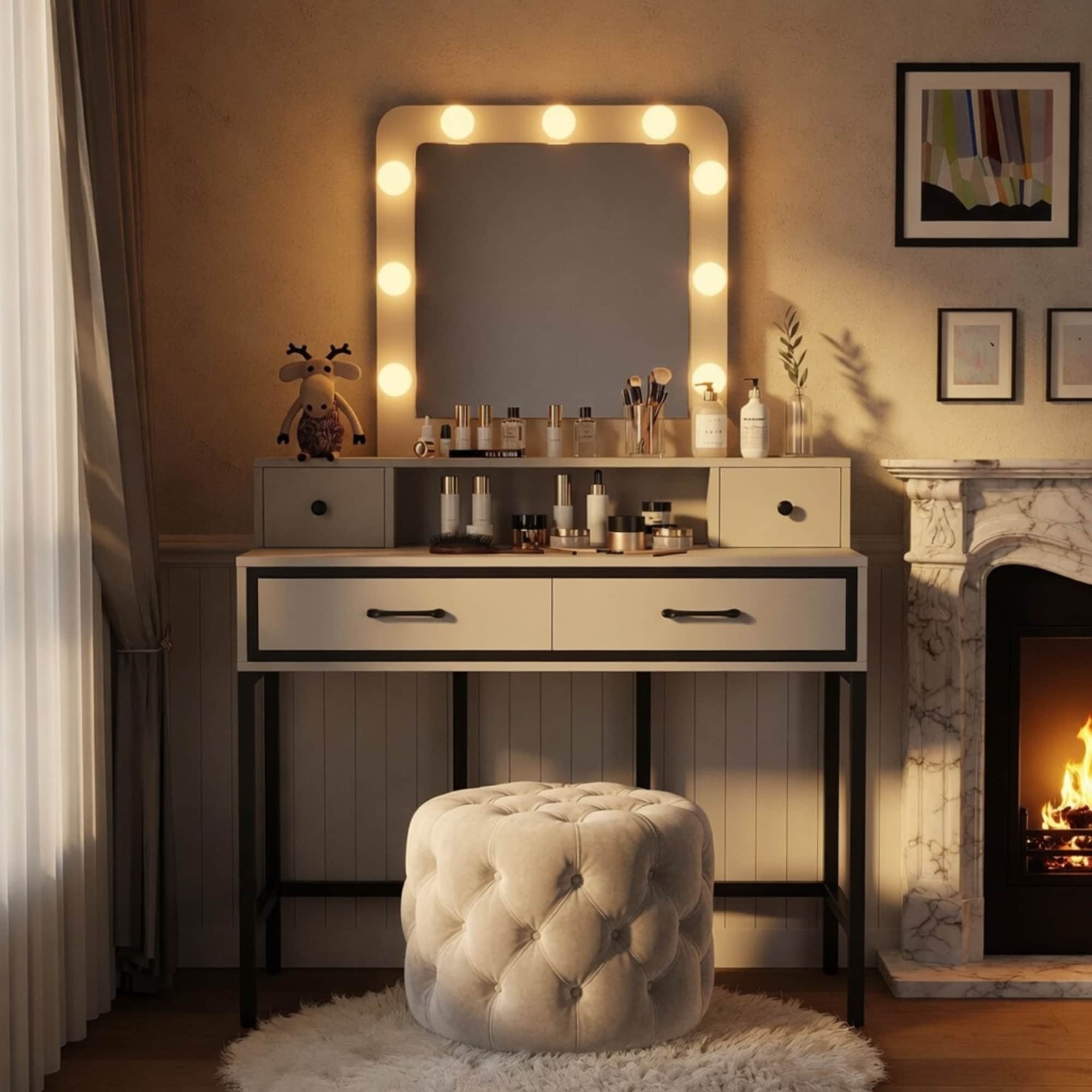 JUSHUA - 39 37/100Inches White Vanity Desk with 3-Color Lighted Mirror - Makeup Table with 4 Drawers