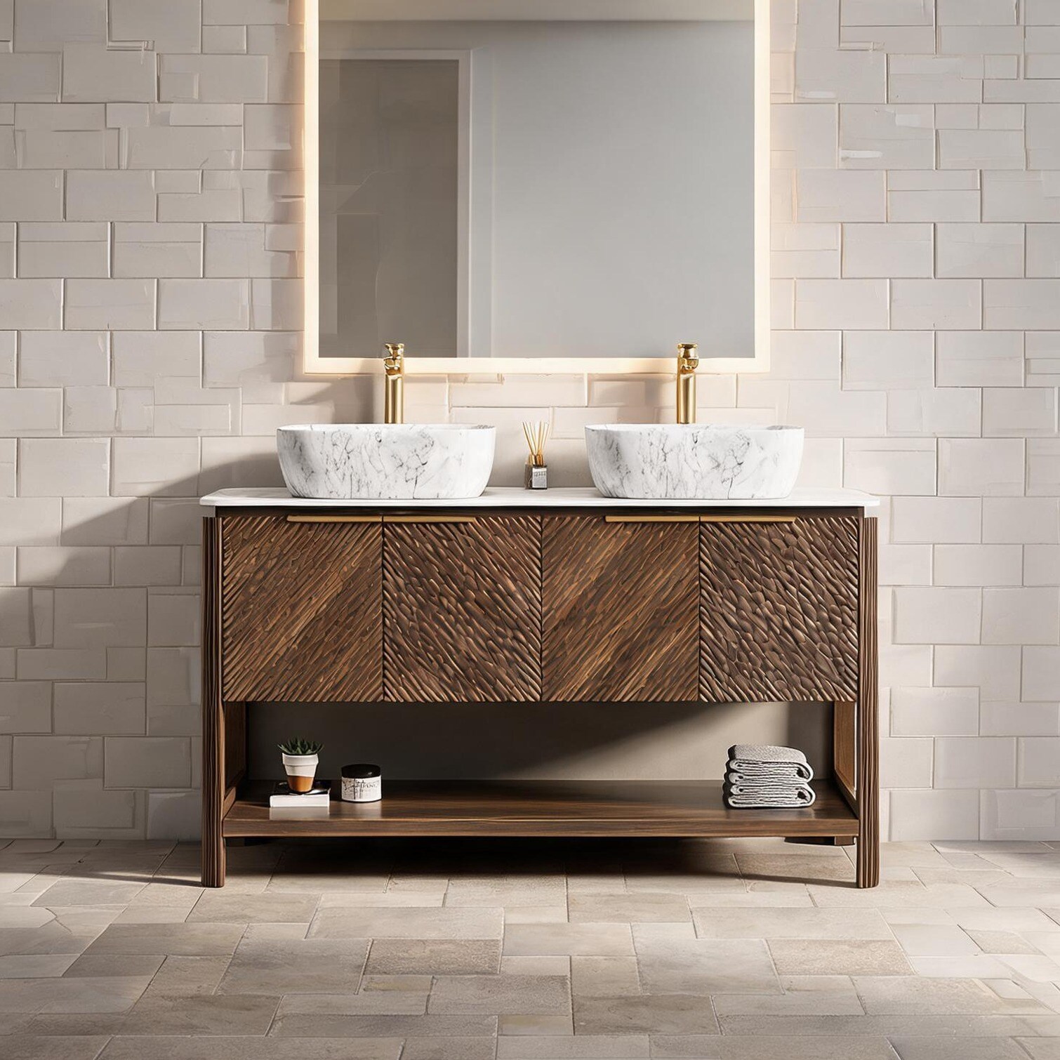 Watnature Modern 60-Inch Freestanding Bathroom Vanity with Double Basin Sintered Stone Top Dark Walnut