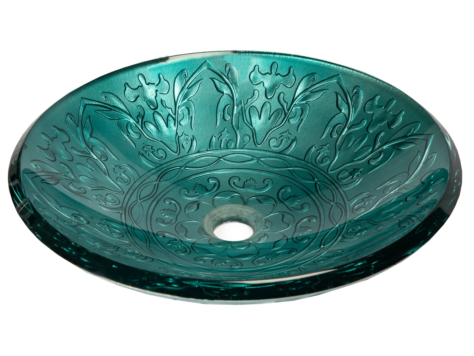 Teal Embossed Tempered Glass Circular Vessel Sink