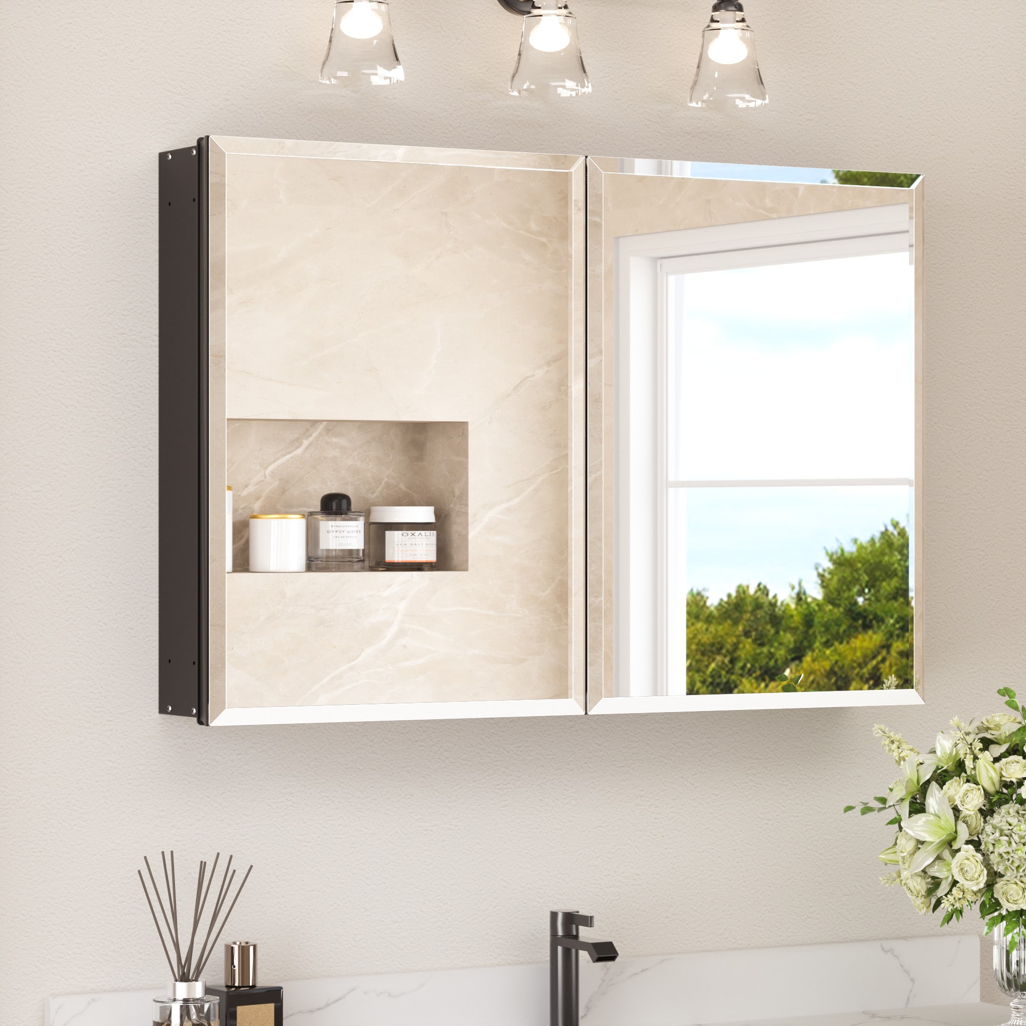TETOTE - 36 x 24 in Black Frameless Surface/Recessed Aluminum Beveled Mirrored Rectangle Medicine...