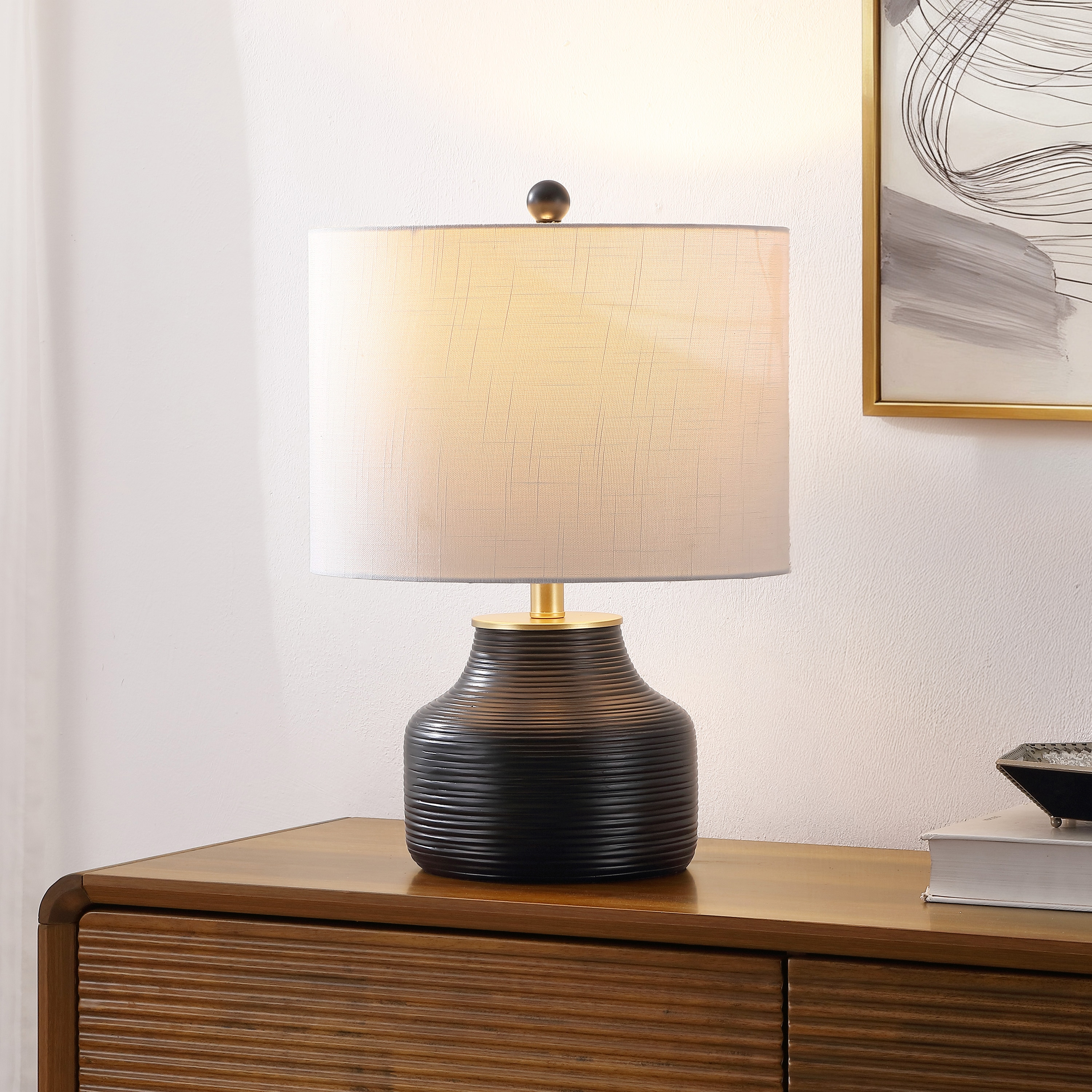 JONATHAN  Y - Malone 20-in. Modern Transitional Ribbed Tapered Ginger Jar Resin/Metal LED Table L...