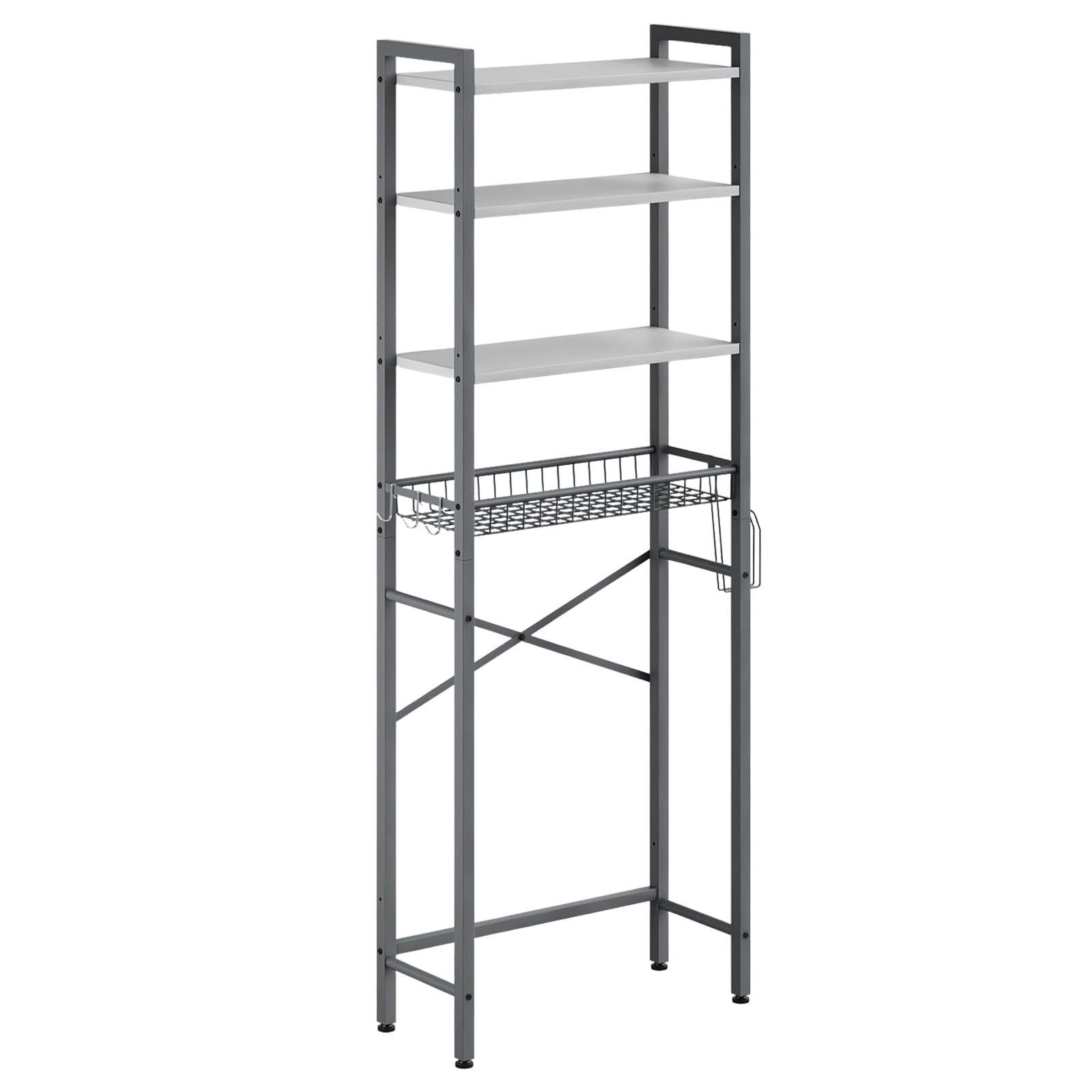 Etokfoks  4 tier over toilet storage rack freestanding bathroom organizer with three adjustable shelves basket hooks paper holder gray white