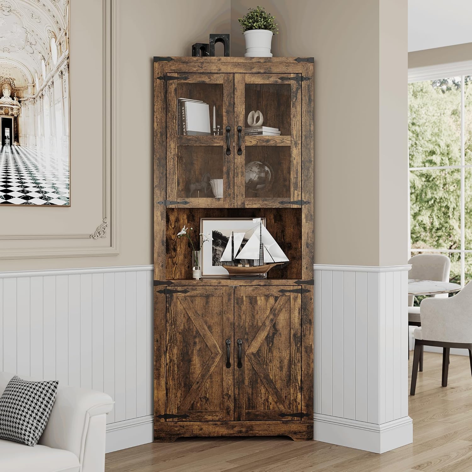 Garvee 69in Tall Corner Cabinet with Doors 6-Tier Corner Storage Cabinet with Doors Space Saver Shelf for Bathroom Bathroom Floor Cabinet for Living Room Kitchen Hallway Brown #LAGZ2604140098