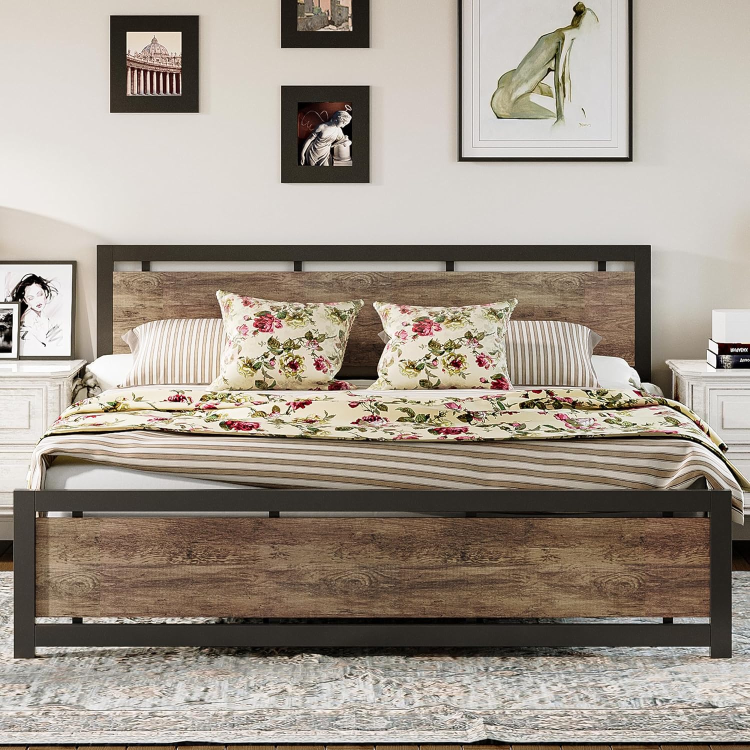 Likimio MQEXISU7PZK0SFHF 78-in W Walnut Bed Frame with Headboard and Footboard