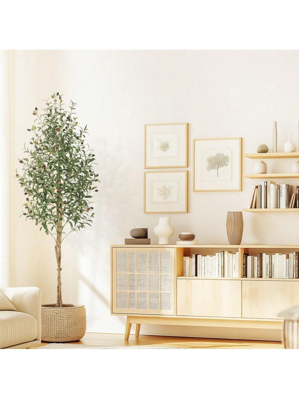 Qeetex PHO-34M4Q3PJ-HF4 6FT Fake Olive Tree with Realistic Faux Silk Leaves. White Planter Pot. Natural Wood Trunk. and Green Moss Great for Home. Office. Garden. and Living Room Decor. Indoor/Outdoor Artificial Plant
