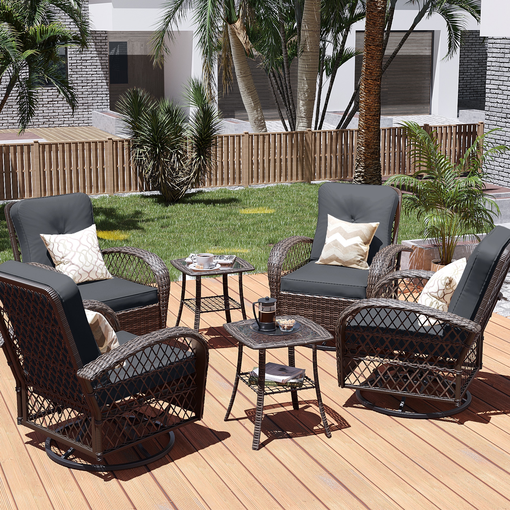Patio Watcher LS-Y9-6PC-B3 Rattan Bistro Set 6 -Piece Rattan Patio Conversation Set with Gray Cushions