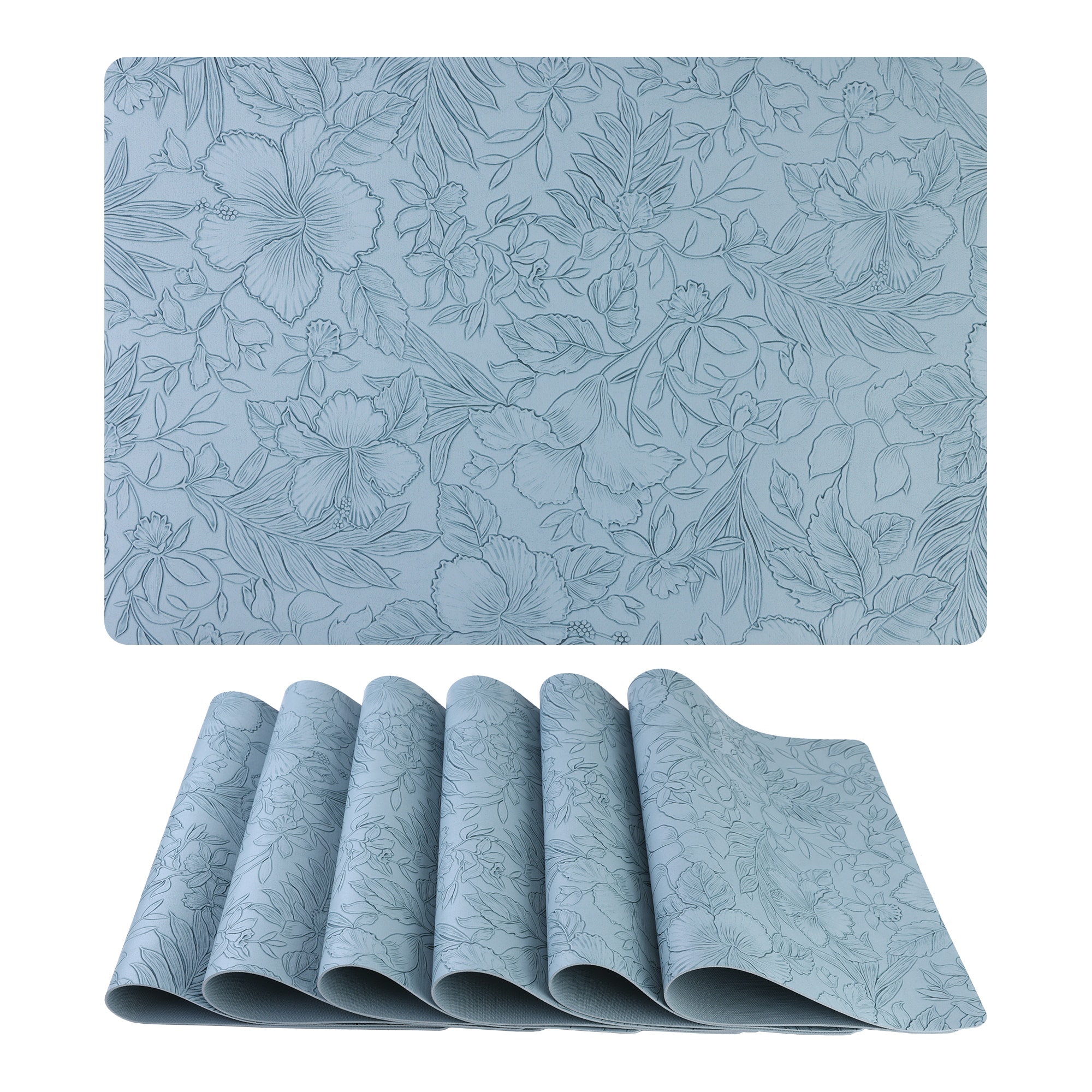 Unique Bargains 6pcs Faux Leather Flower Placemats for Kitchen Dining Table Decor Washable Table Placemats Wipeable Table Mat 18x12in Light Blue