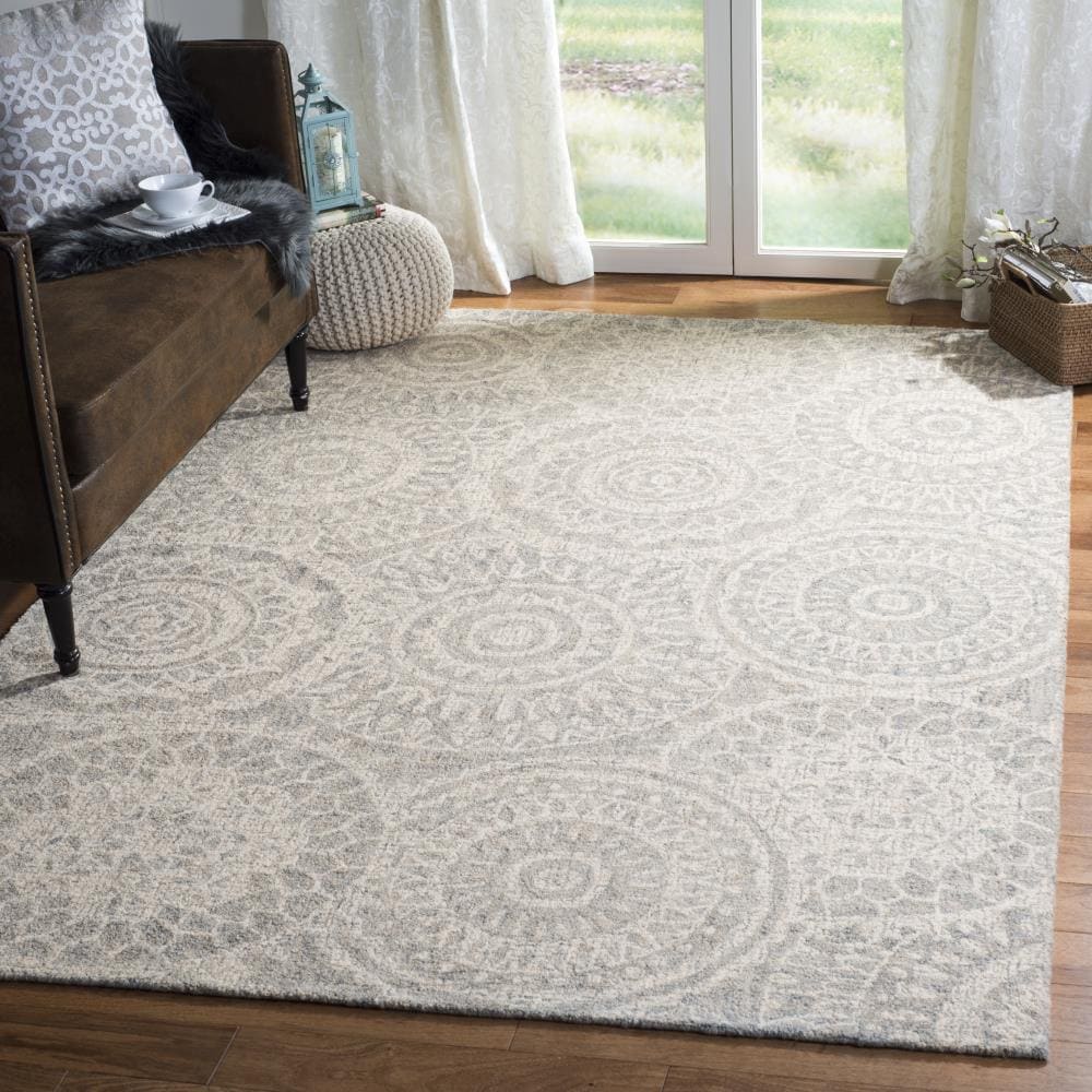 Ivory and Grey Abstract Tufted Wool Area Rug, 5' x 8'