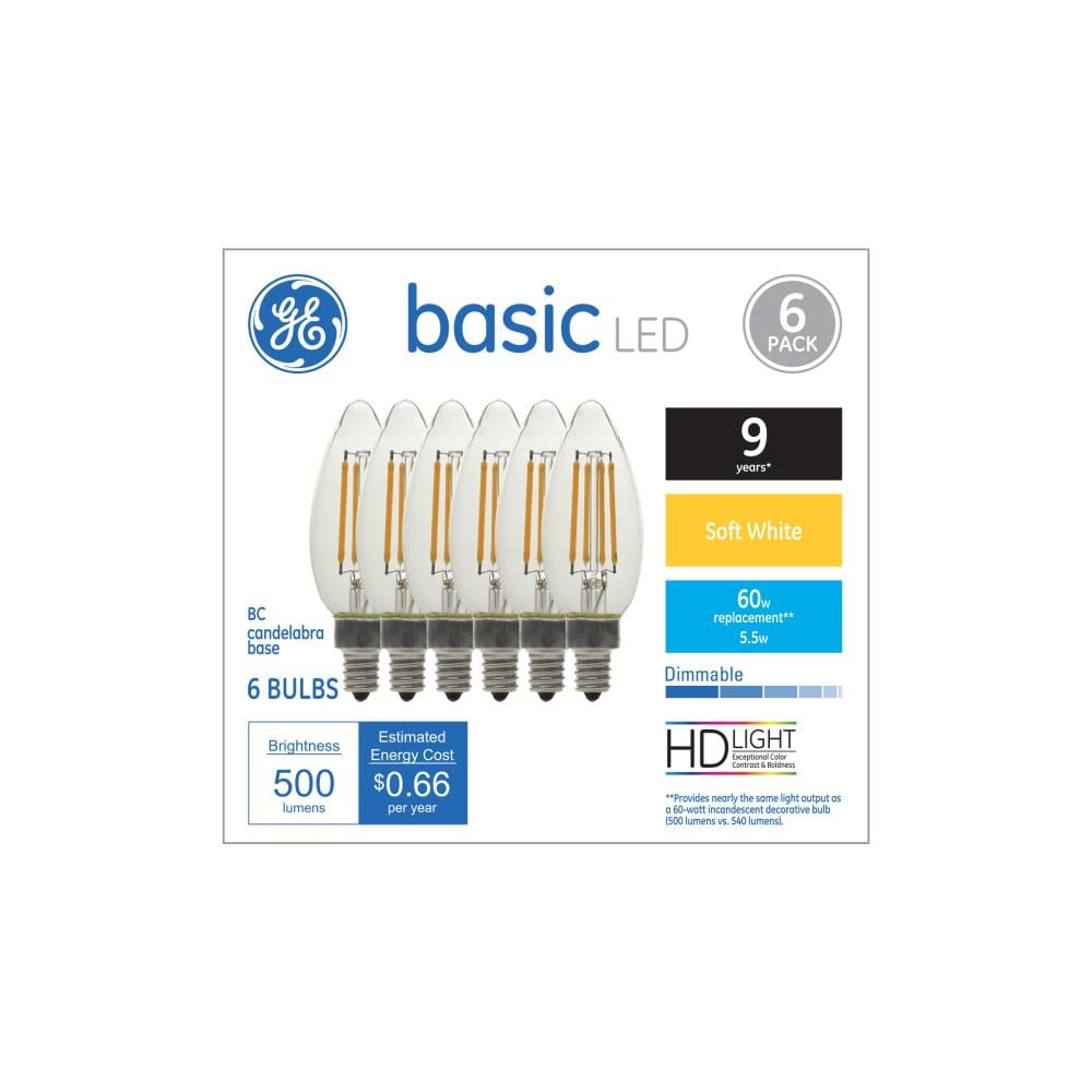 GE Basic 60-Watt EQ B12 Soft White Candelabra Base (e-12) Dimmable LED ...