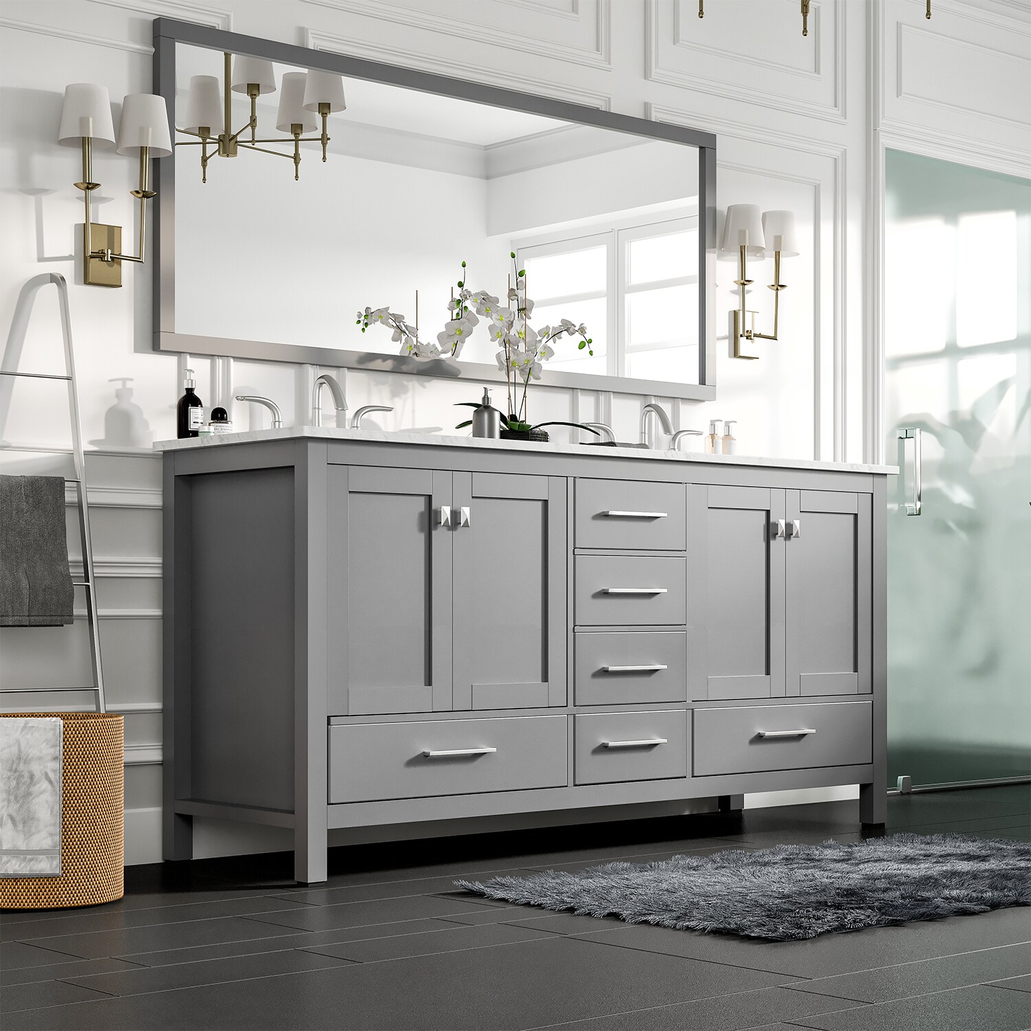 Eviva Aberdeen 60 Transitional Grey Bathroom Vanity with White Carrera  Countertop & Double Square Sinks