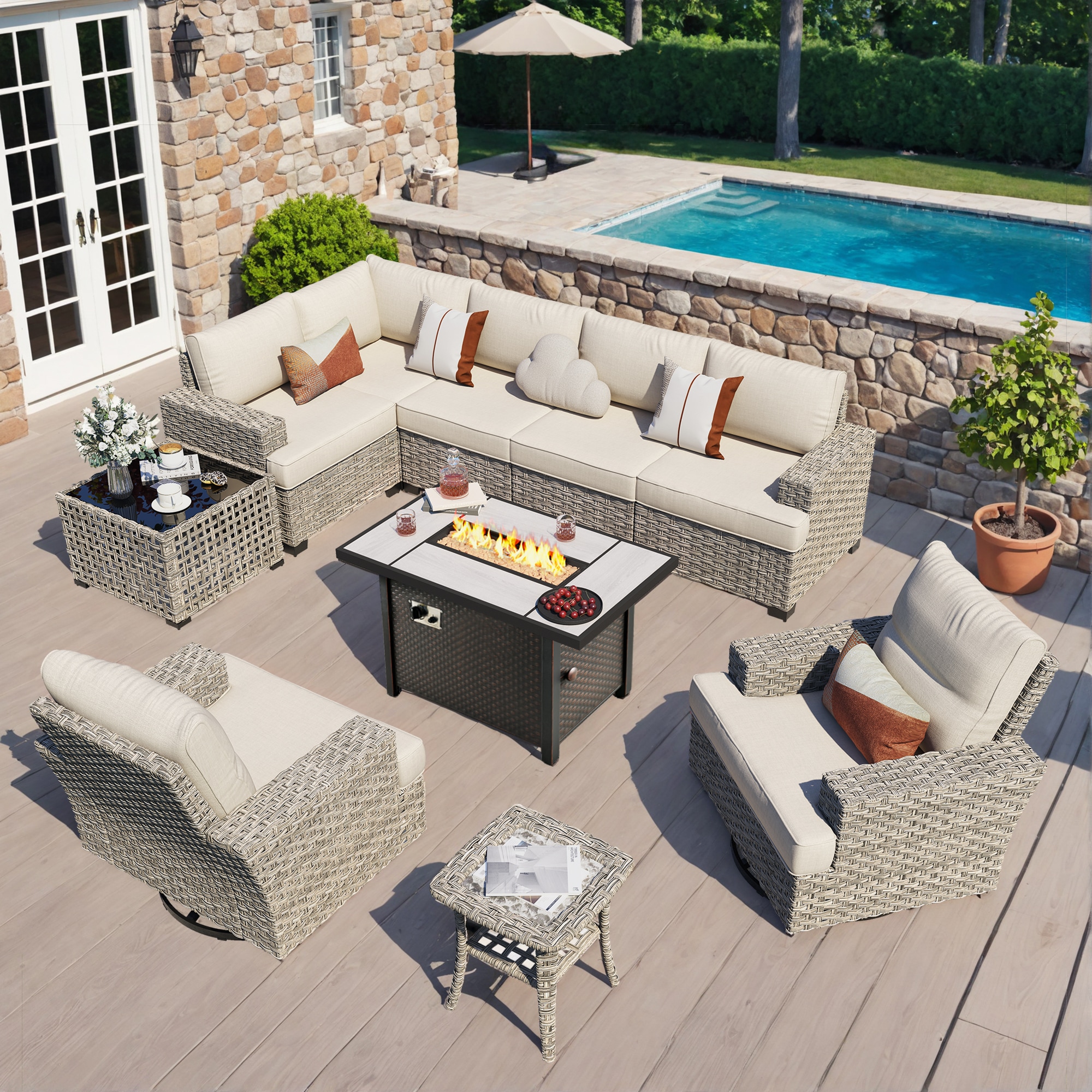 XIZZI XITBS6010C5-RC3IFP Agate 9-Piece Rattan Patio Sofa Conversation Set with Off-white Cushions