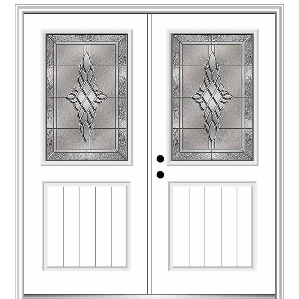 MMI DOOR 68-in x 80-in Low-e Grilles Between The Glass Primed Fiberglass  Center-hinged Right-Hand Inswing Double Patio Door Brickmould Included in  the Patio Doors department at