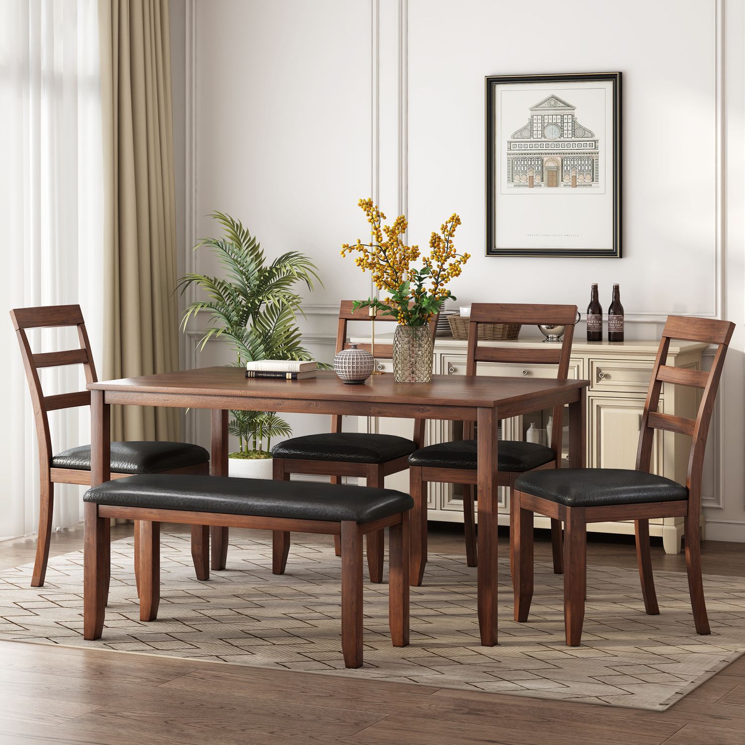JASMODER ST000016AAD 6-Piece Kitchen Simple Wooden Dining Table And Chair With Bench, PU Cushion (Walnut)