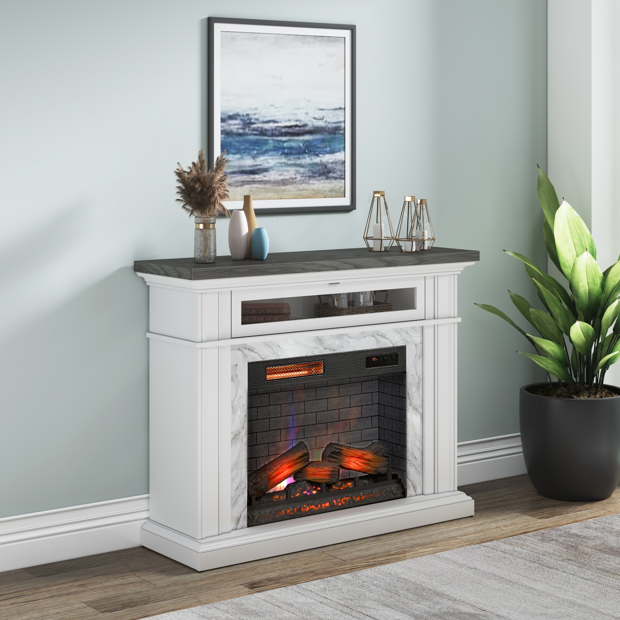 allen + roth 43.5-in W Faux Stone Infrared Quartz Electric Fireplace at