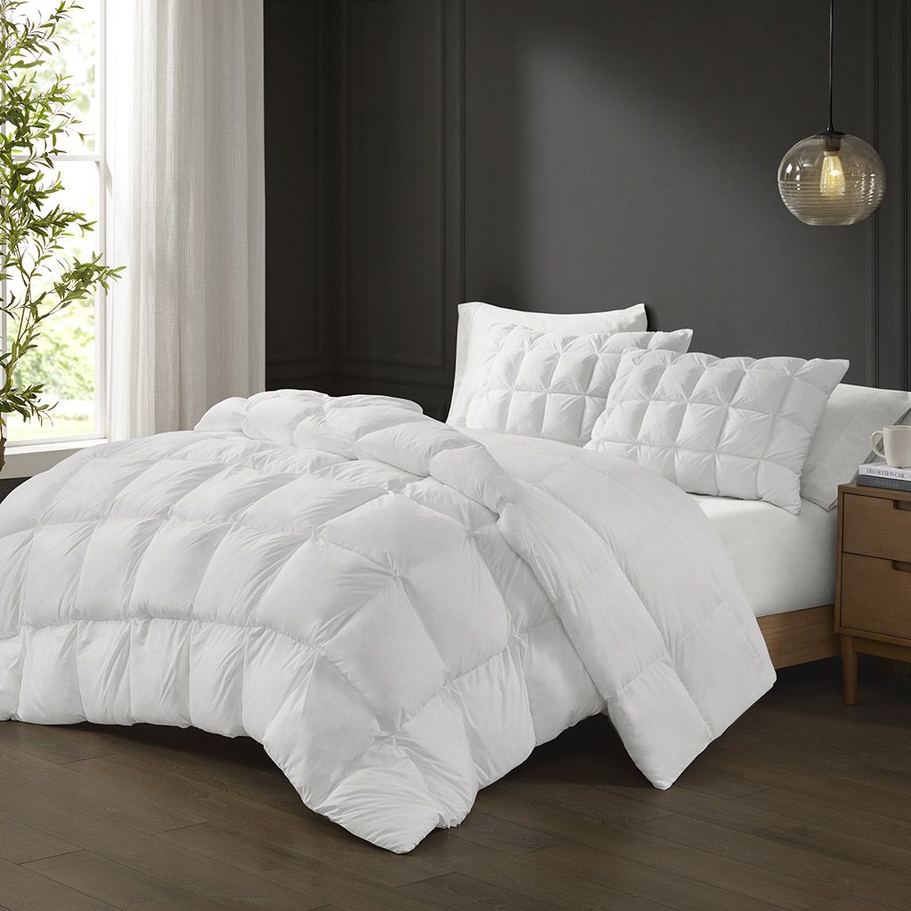 JUSHUA Overfilled Down Alternative Comforter in White is available in Full and Queen sizes