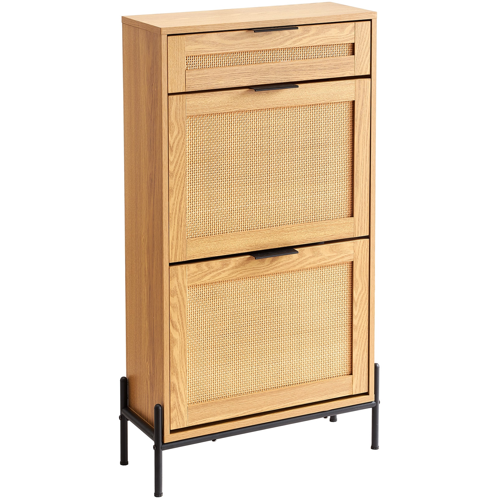 VEVOR SCFCTBXJ2C1X06020V0 Rattan Shoe Cabinet  Narrow Shoe Storage Organizer with 2 Flip Rattan Drawers and 1 Slide Drawer  Metal Legs  Slim Shoe Entryway Cabinet Ideal for Entryway  Closet  Hallway  Light Wood Color