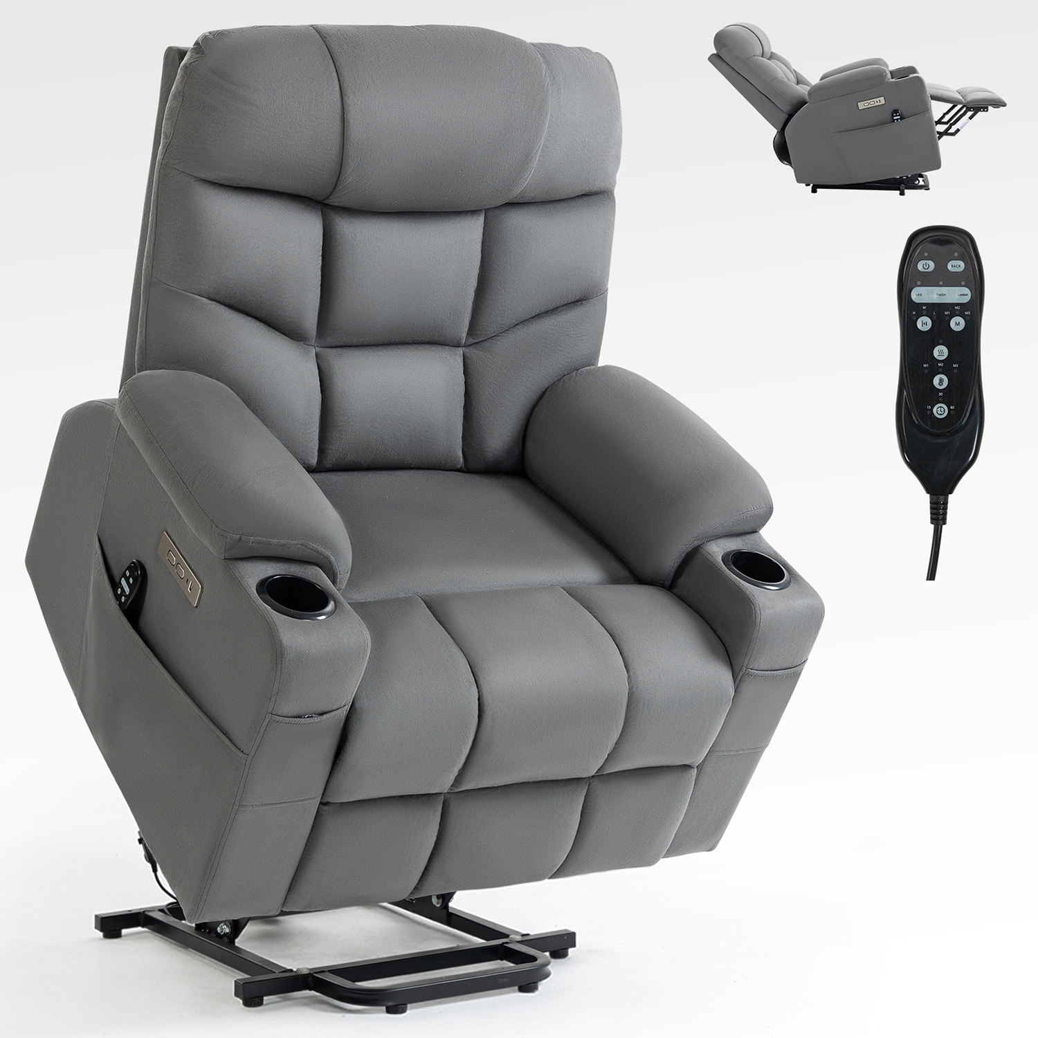 Sumyeg OR-PP038535BAA 8-Point Vibration Massage Recliner Gray Polyester Upholstered Powered Reclining Recliner with Lift Assistance