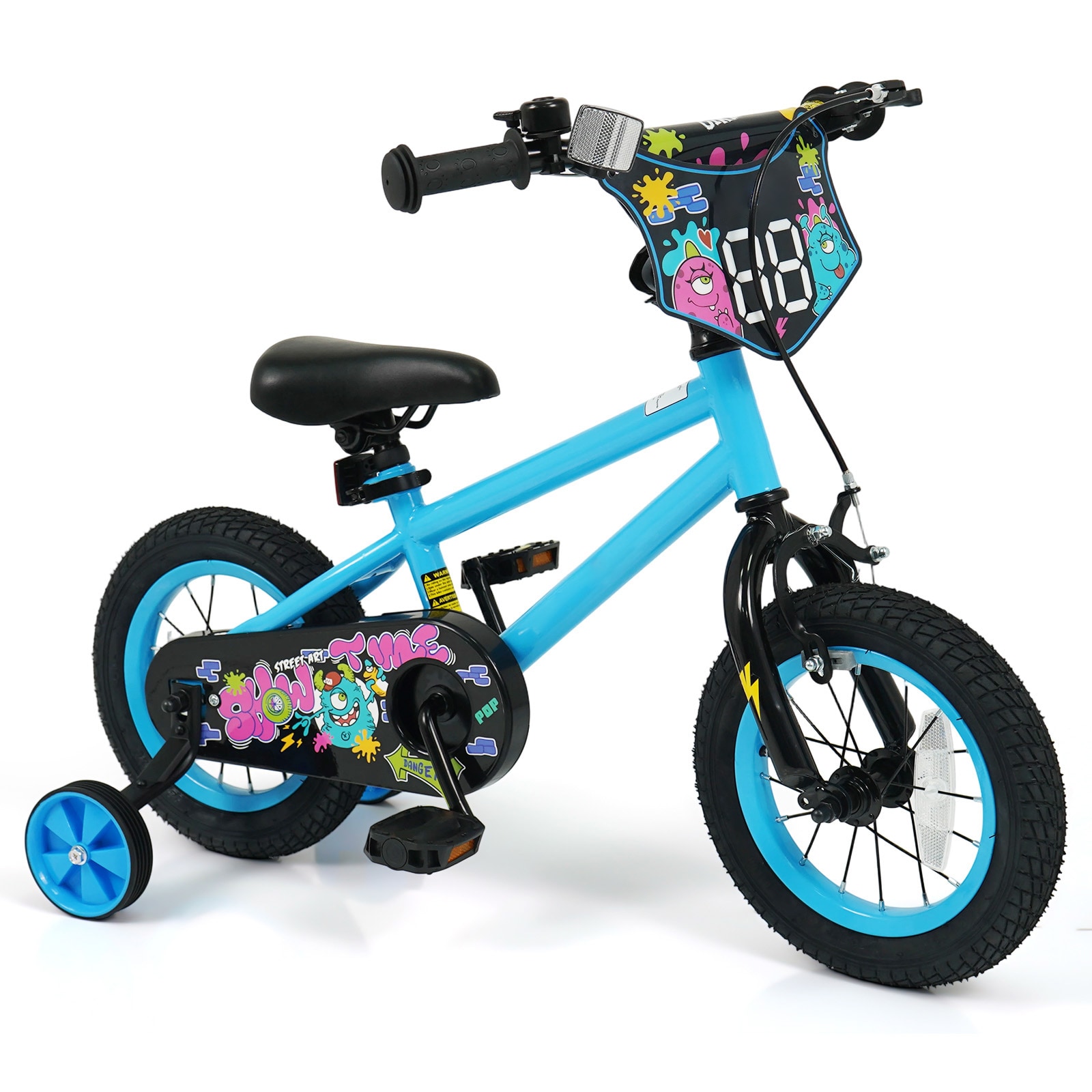 Slickblue Blue Kids Riding Bike with Adjustable Seat and Monster Graphics (12/14/16/18 in) Unisex Driveway and Sidewalk Bike