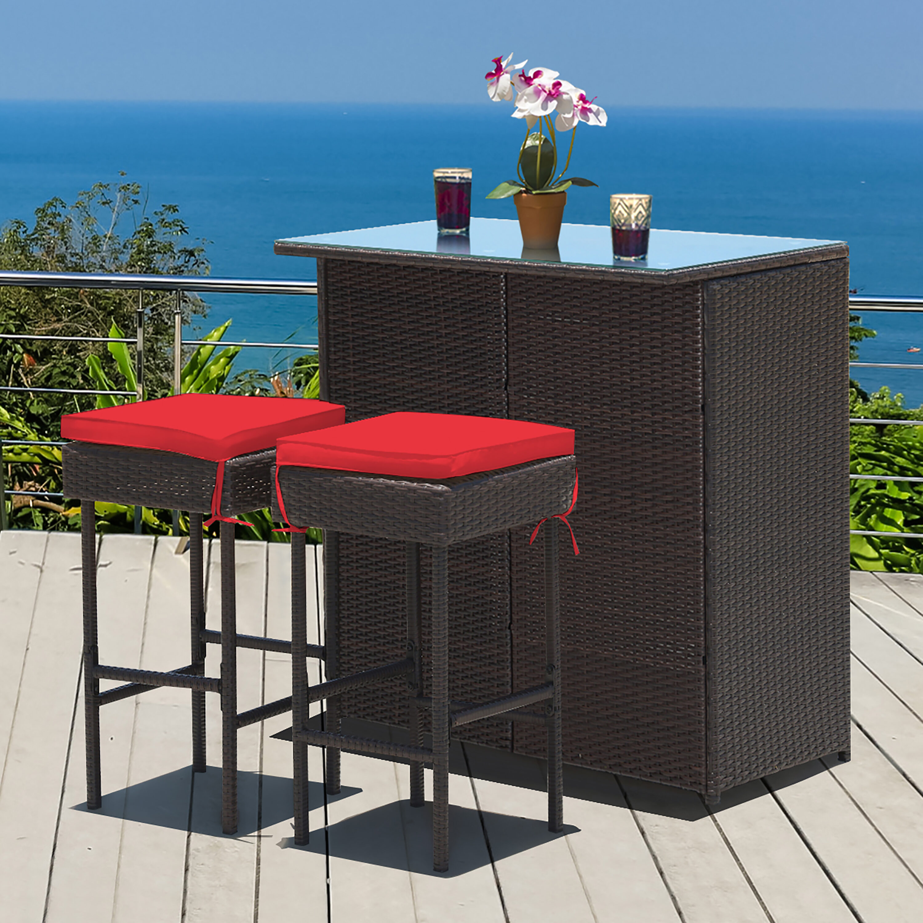 Costway 3-Piece Brown Rattan Bar Height Patio Dining Set Rattan Square ...