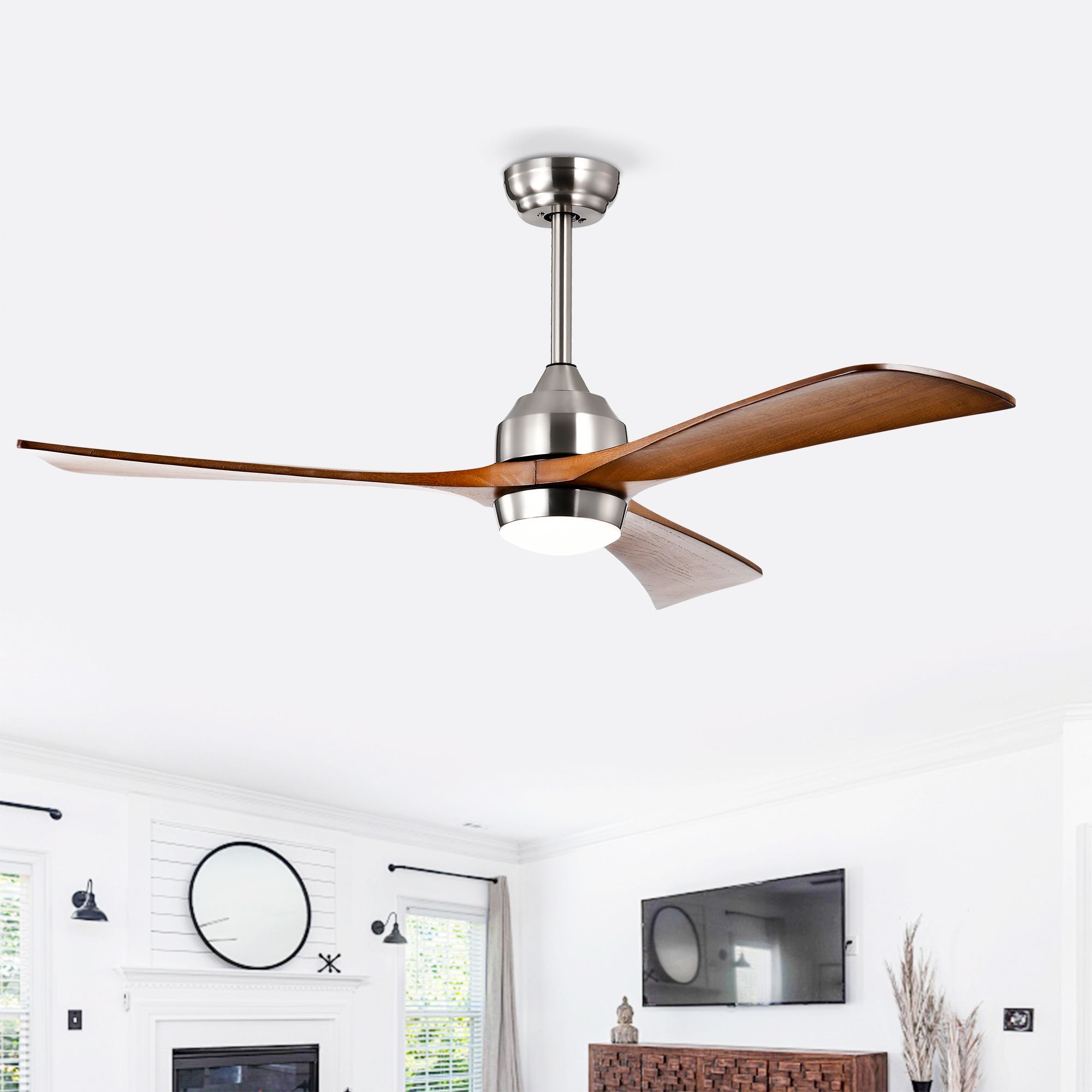 HomLux 52 Inch Solid Wood Blades Ceiling Fan with Lights Remote Control Quiet DC Motor 3 Blade Ceiling Fans 6 Speed Levels Reversible Ceiling Fan for Patio Living Room Bedroom Office Indoor Stain Nickel #LW-W3596P416736