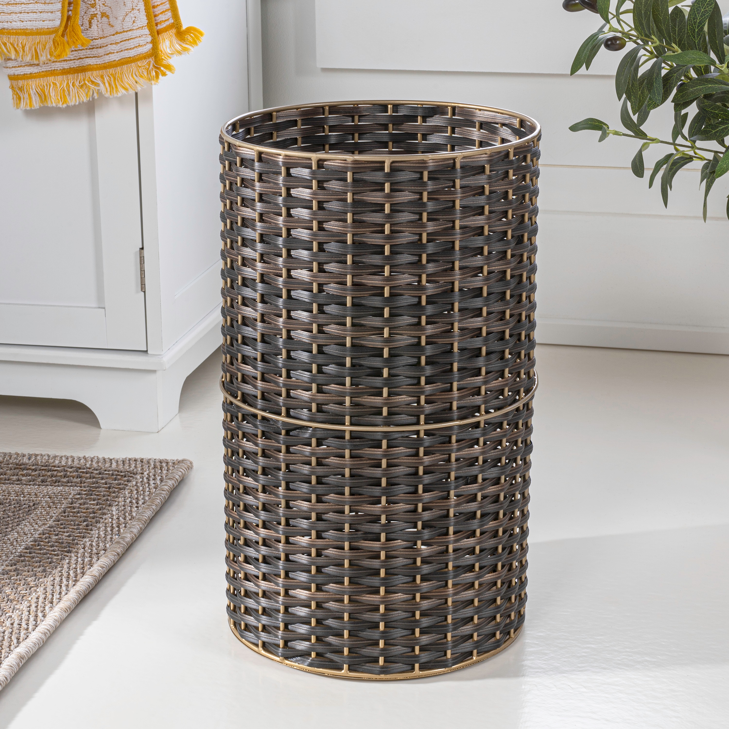 happimess HPM1100C Cecil Faux Wicker Cylinder Dark Bronze/Gold Metal Wastebasket