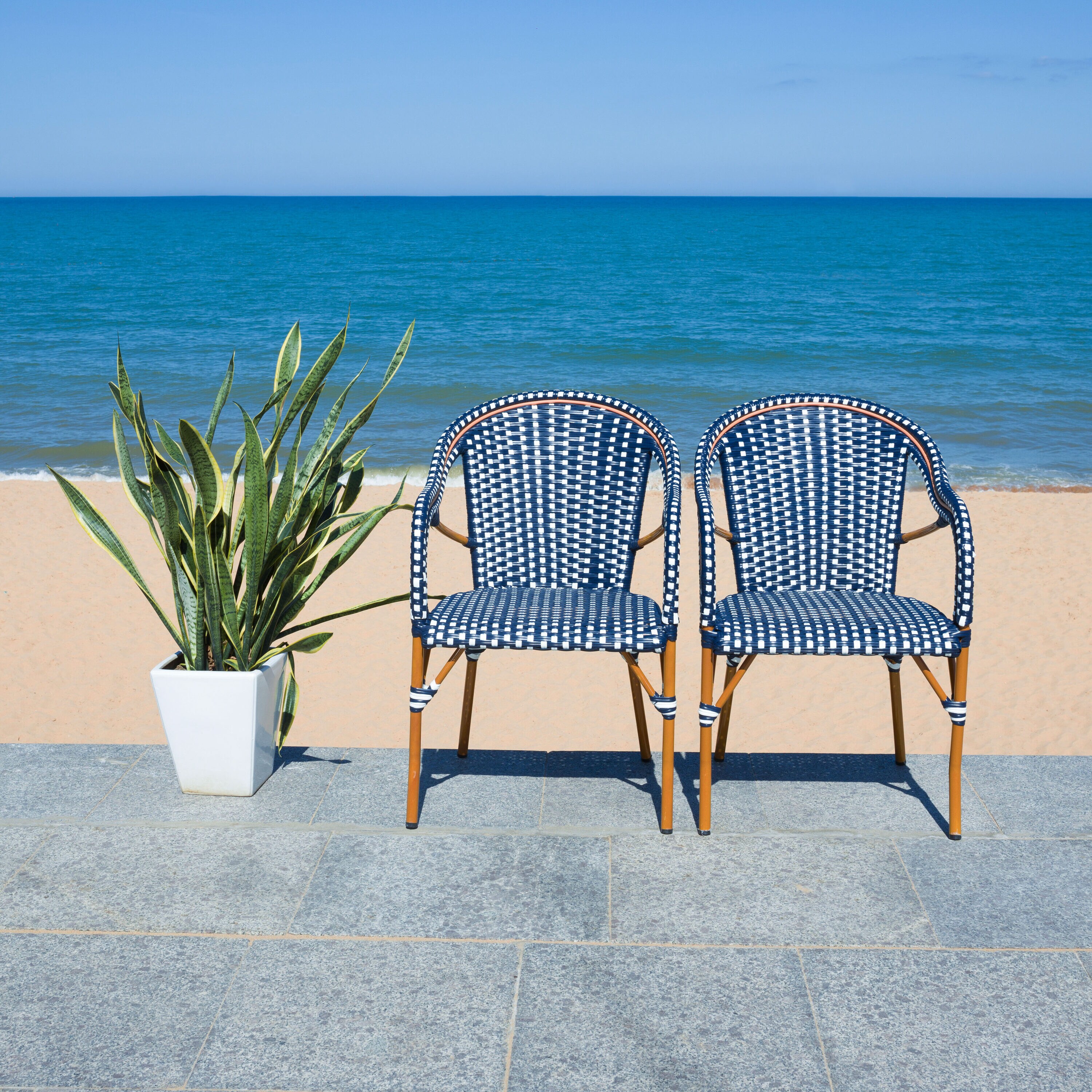 Navy and White Wicker Outdoor Armchair Set of 2