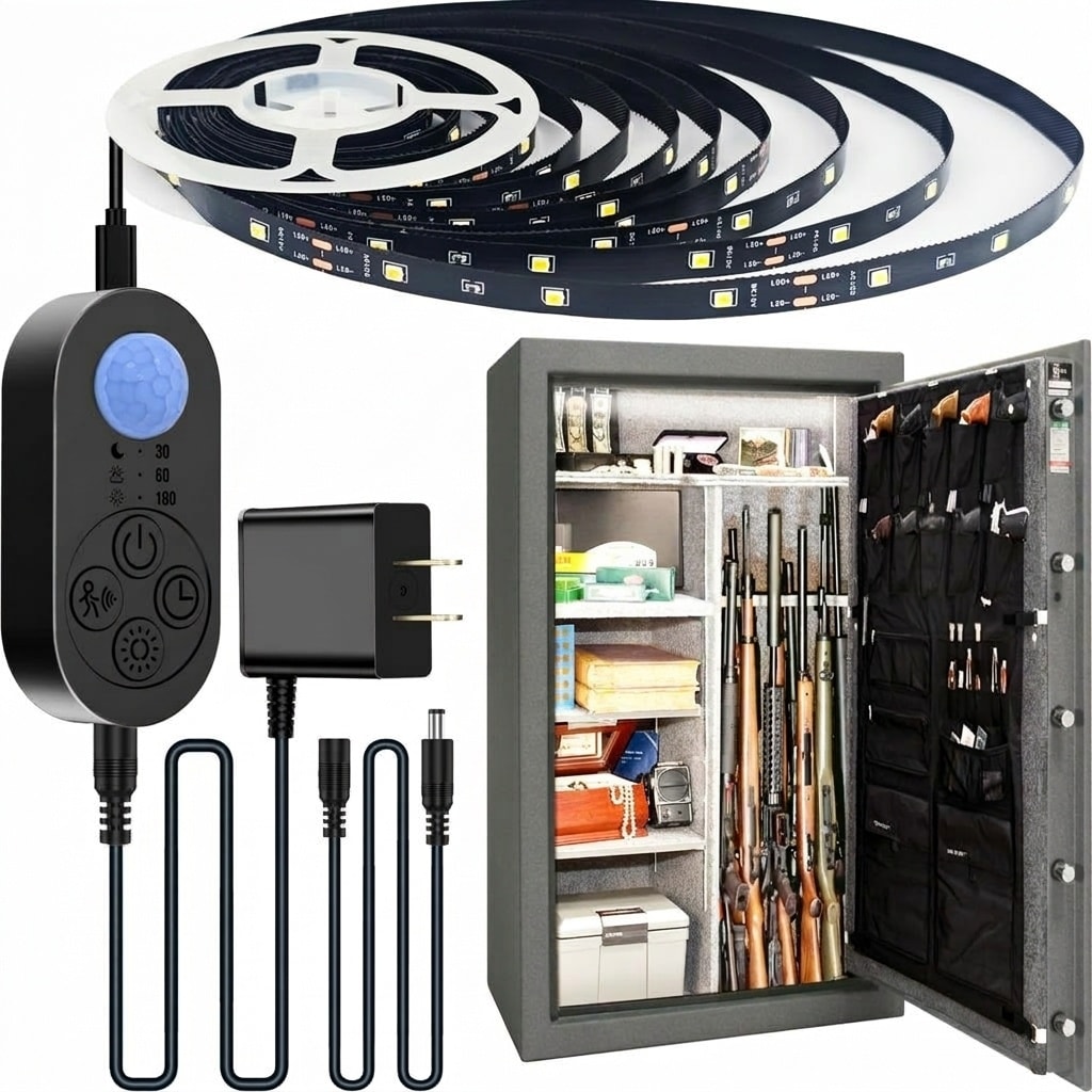 AOIZGMY  Motion Sensor LED Light Strip 16.4FT Roll Cold White 6000K 2000 Lumens Self Adhesive for Gun Safe Cabinets Wardrobes with Power Adapter