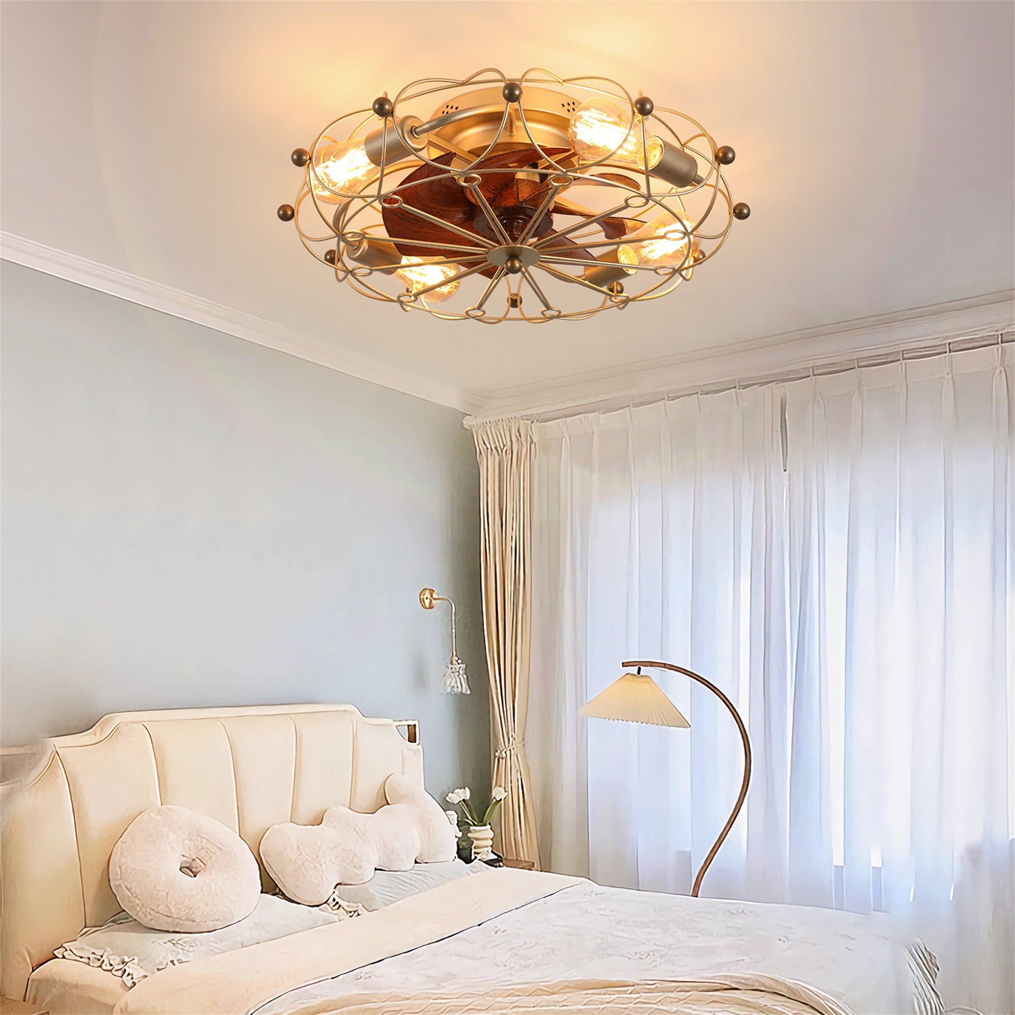 BABOOM BOM-0120489-OR 20-in Flush Mount Gold+Brown with ABS Blades Cage Ceiling Fan Without Light - Remote Included ( 7 -Blade )