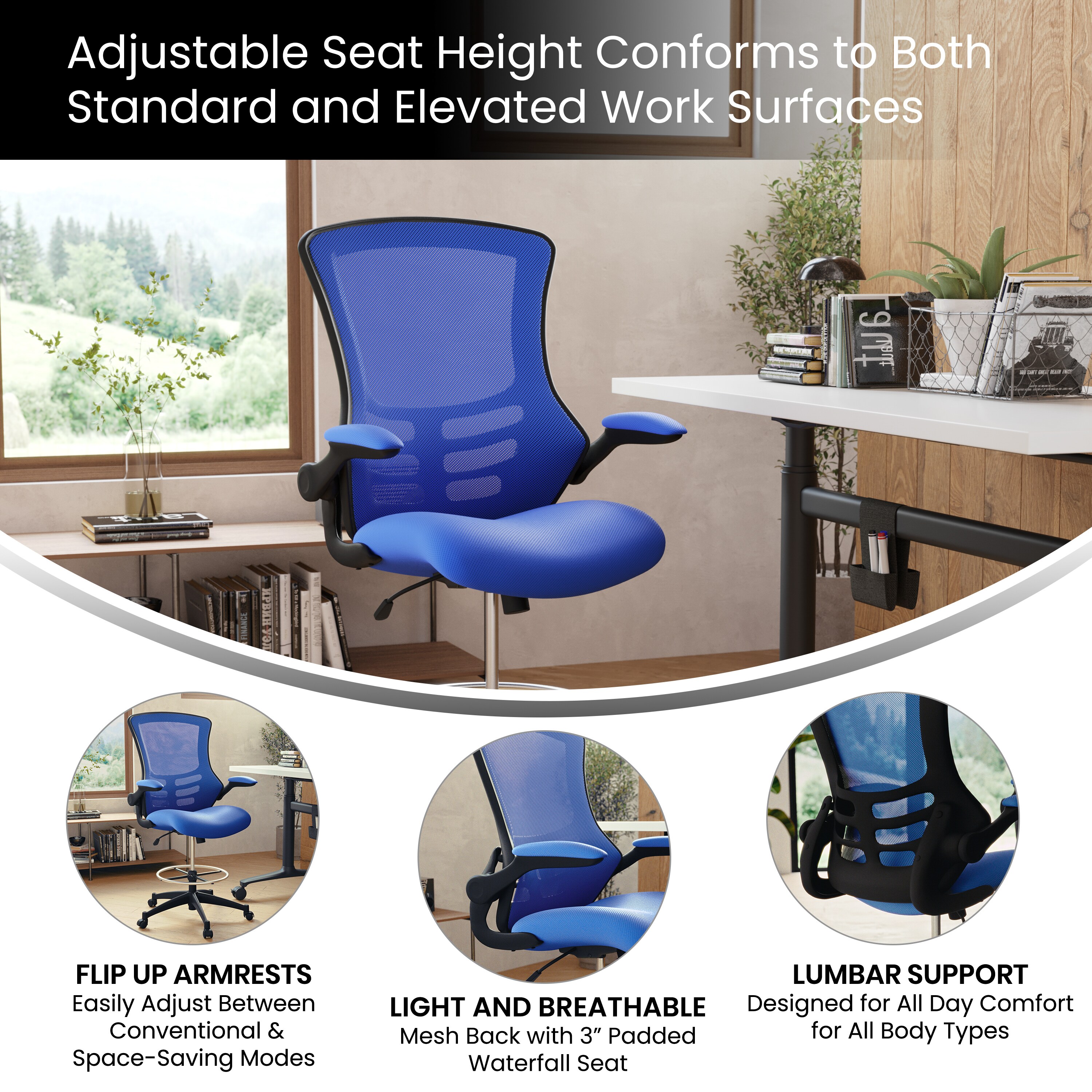 ErgoFlex Blue Mesh and Leather Drafting Chair with Adjustable Arms