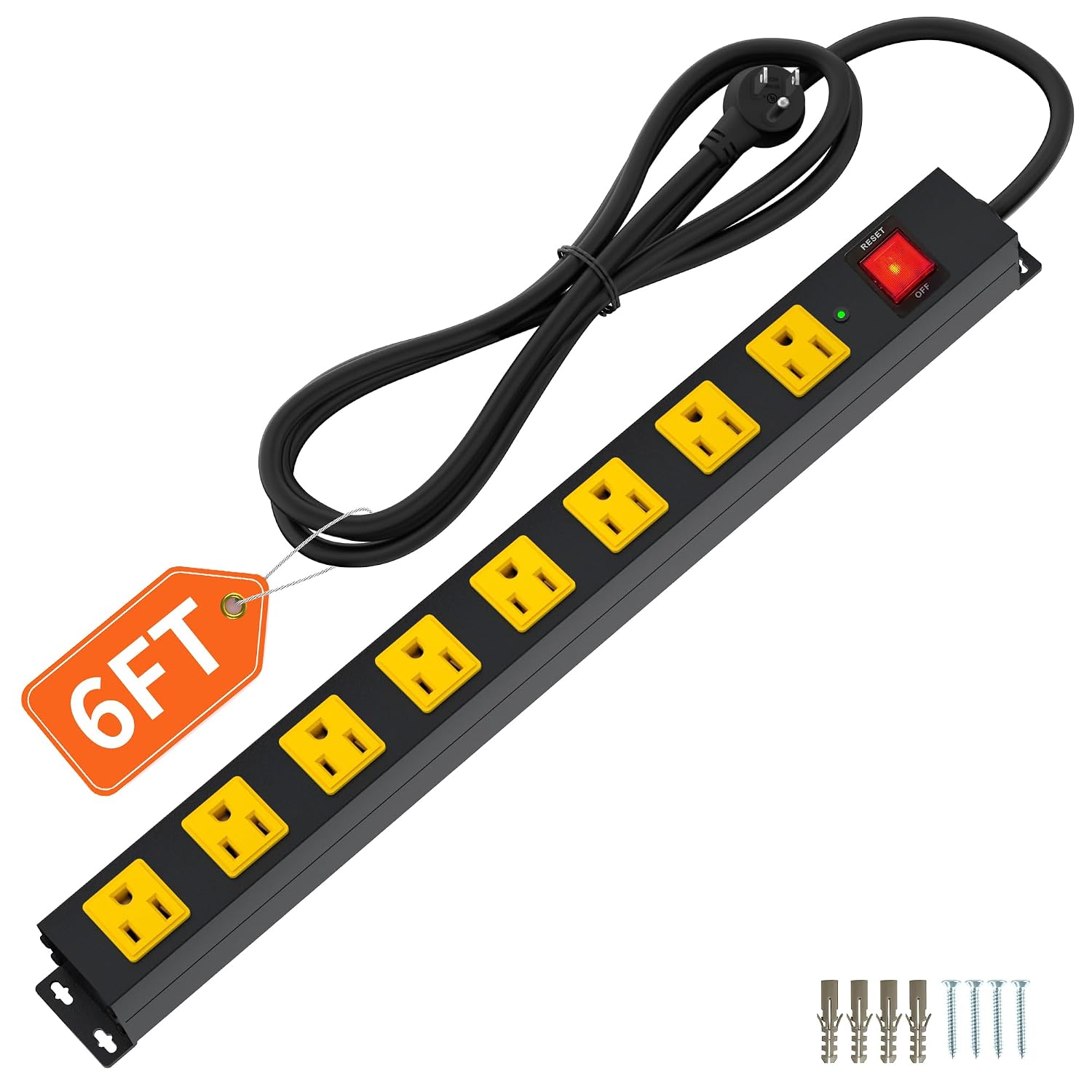 LENCENT 8-Outlet Metal Power Strip with 2100J Surge Protection 6 ft Flat Plug Cord Wide Spaced Outlets Wall Mountable for Home Office Garage Workshop