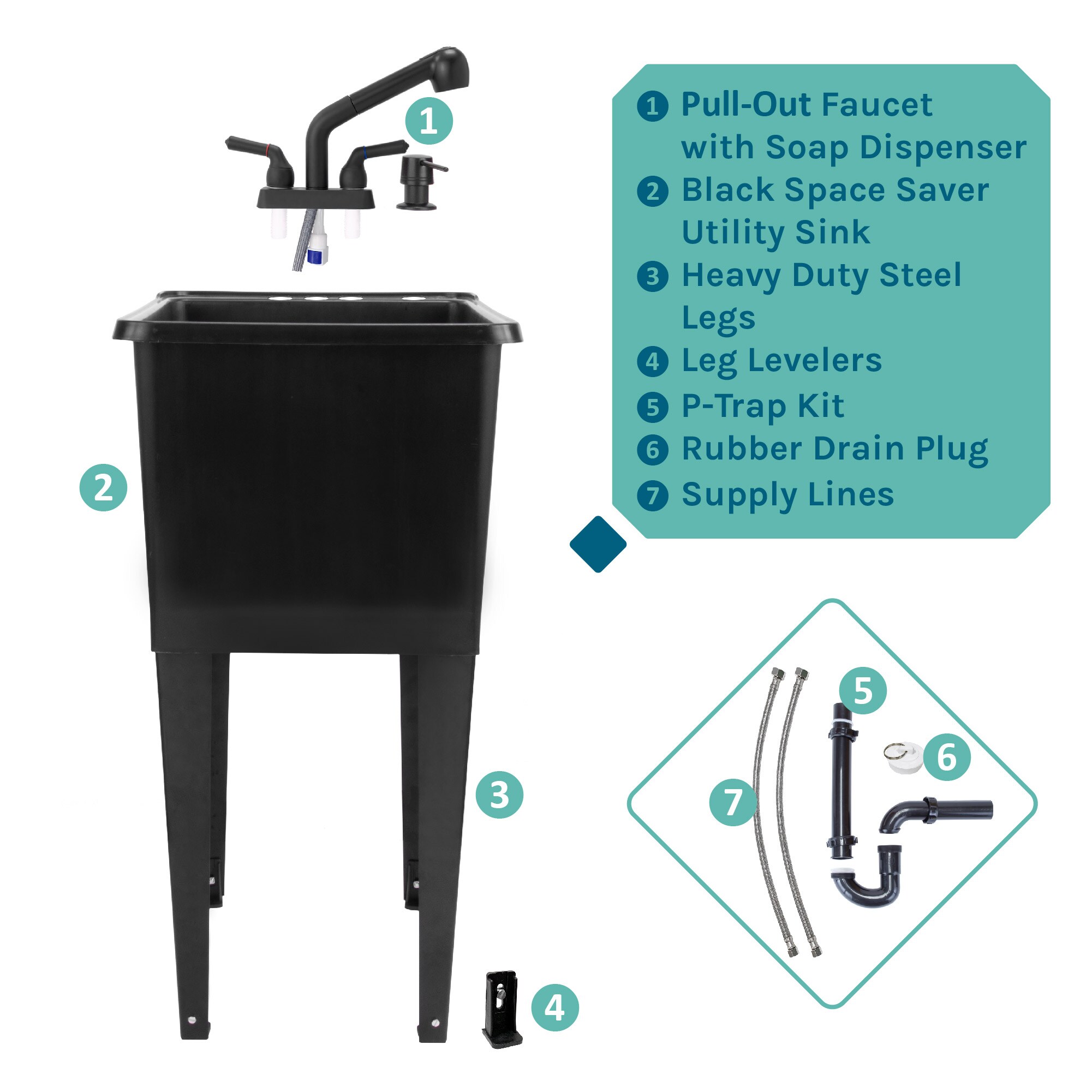Black Freestanding Thermoplastic Utility Sink with Faucet for Laundry Room