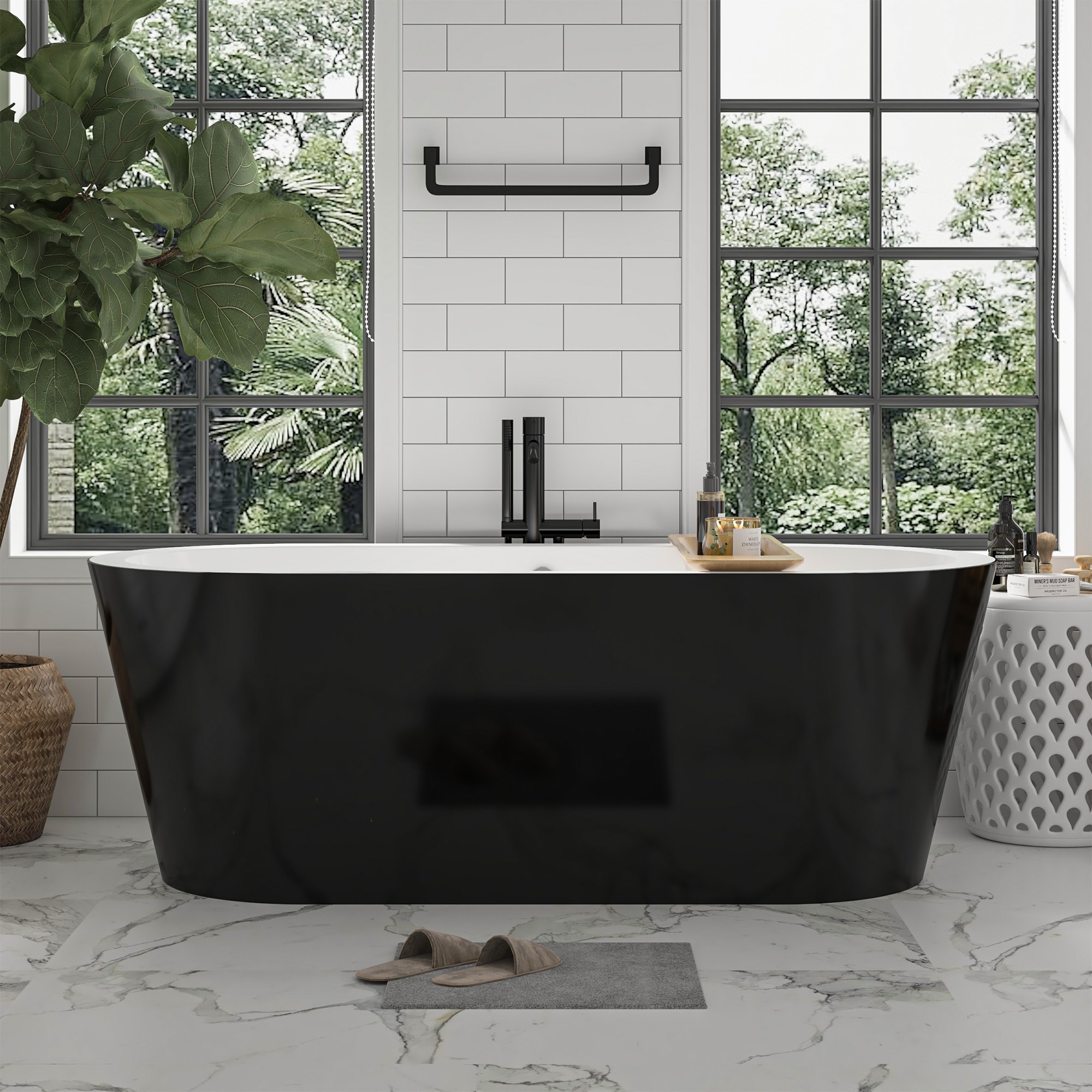 Vanity Art VA6812-BL 32-in x 68-in Black/Polished Chrome Acrylic Oval Freestanding Soaking bathtub ( Center Drain )