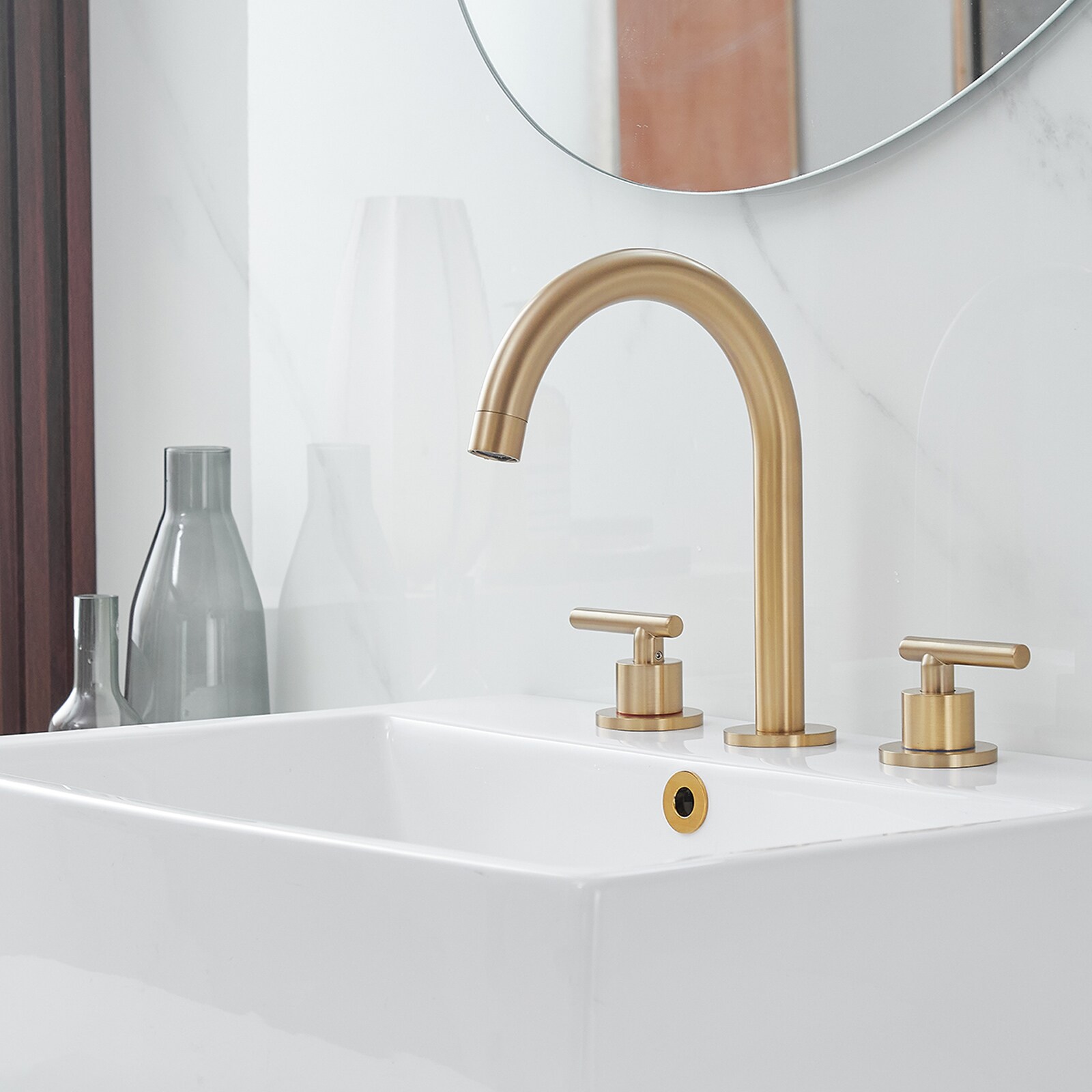 BWE Brushed Gold Widespread 2-Handle Bathroom Sink Faucet with Drain A ...