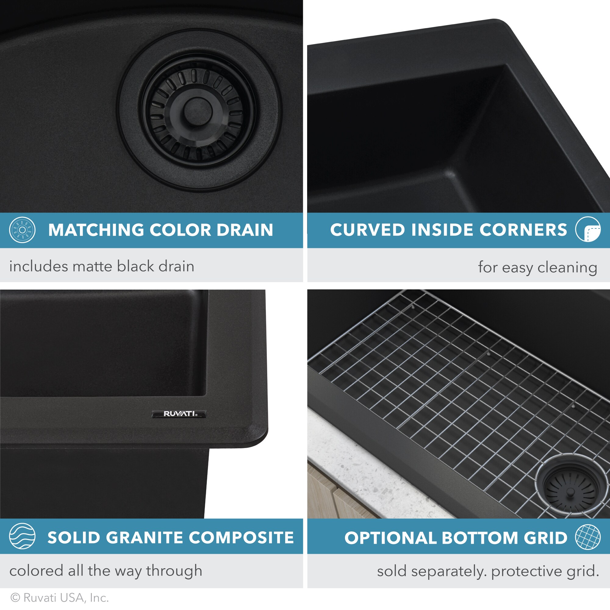 Midnight Black 33 x 22 Inch Granite Double Bowl Drop-In Sink