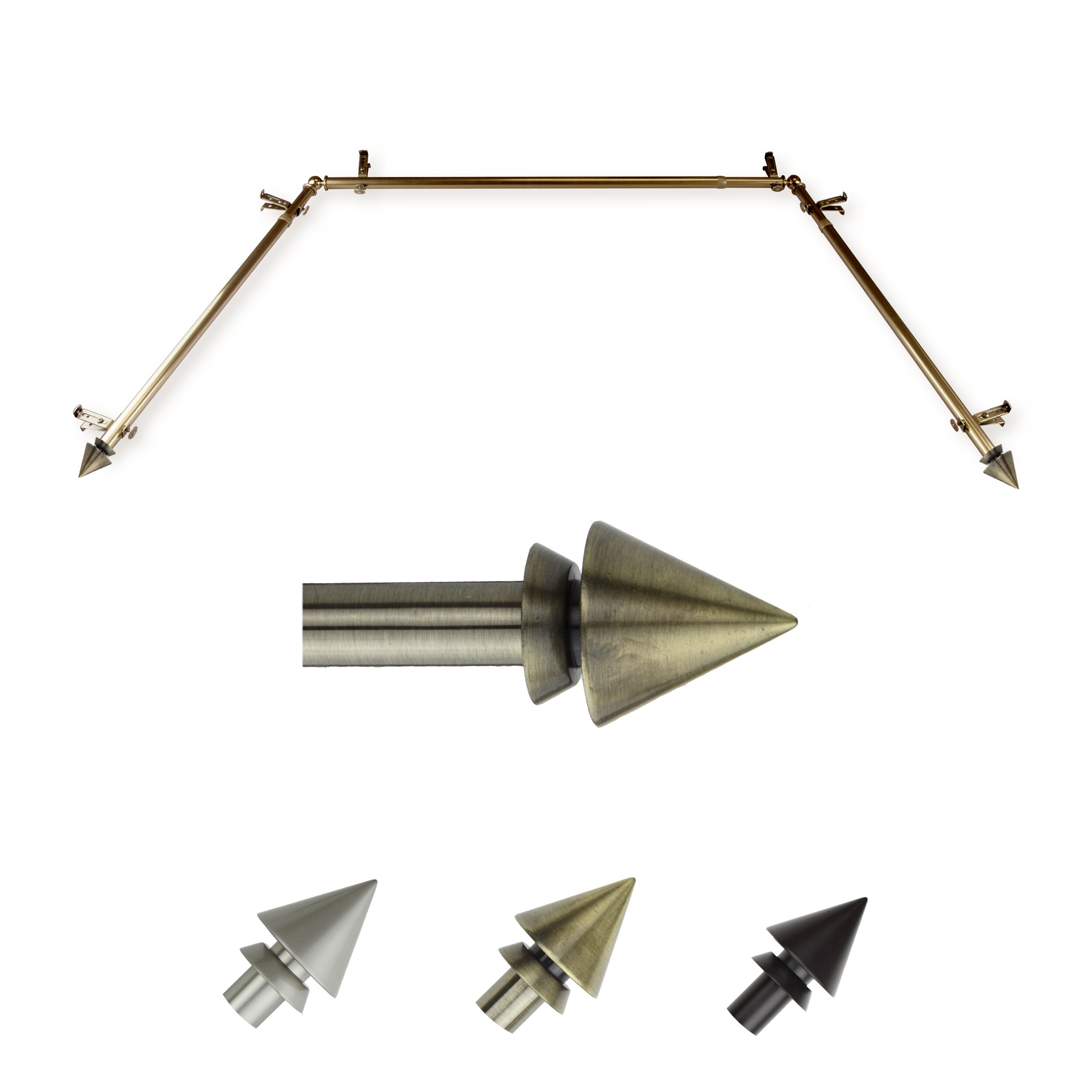 Hart & Harlow LO-ABAY-65-4 72-in to 144-in Antique Brass Steel Bay window curtain rod with Finials