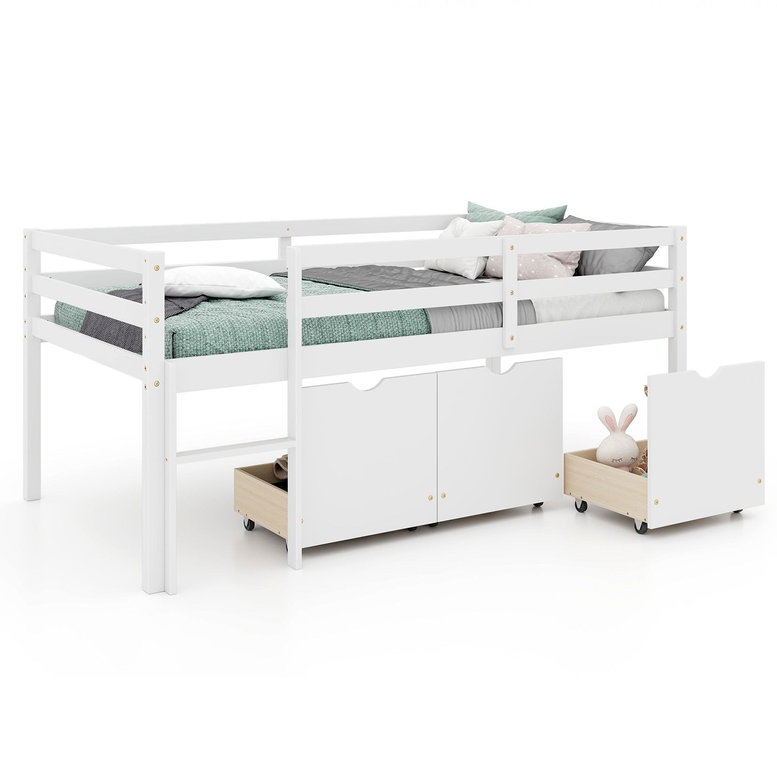 Slickblue Modern Kids Twin Loft Bunk Bed With Storage 3 Rolling Drawers and Guardrails for Kids Room or Bedroom - Gray/White