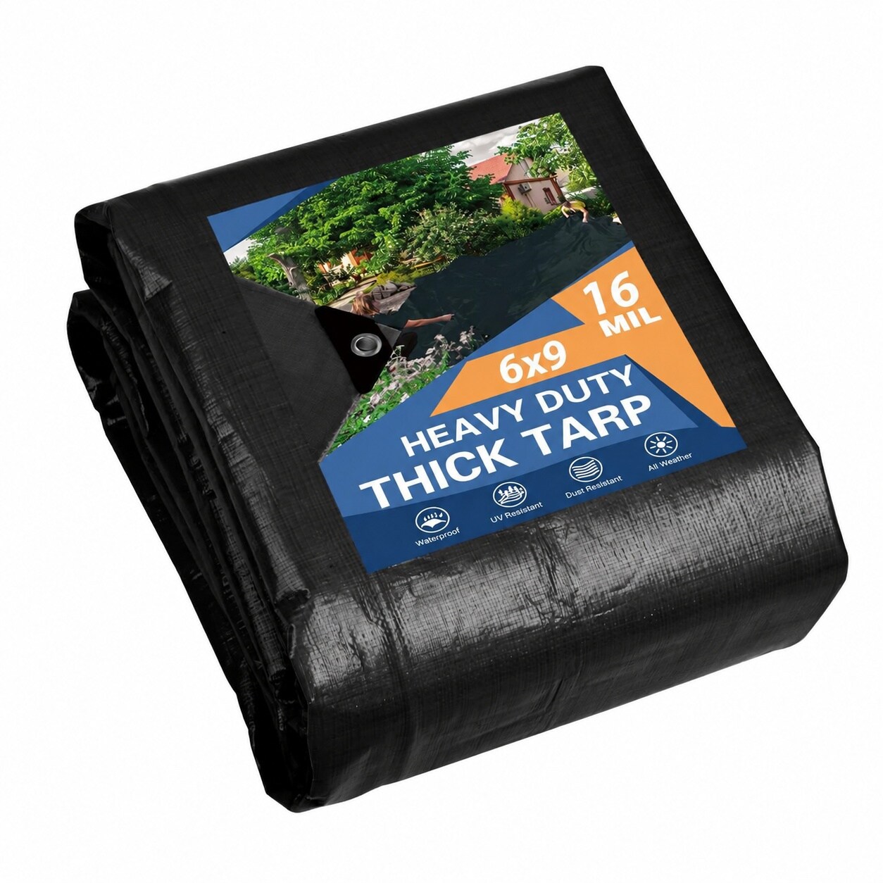 ITOPFOX  Heavy Duty Waterproof Tarp Cover 6x9ft Black Polyethylene Plastic Tarpaulin for Outdoor Use Multipurpose with 16 Mil Thickness