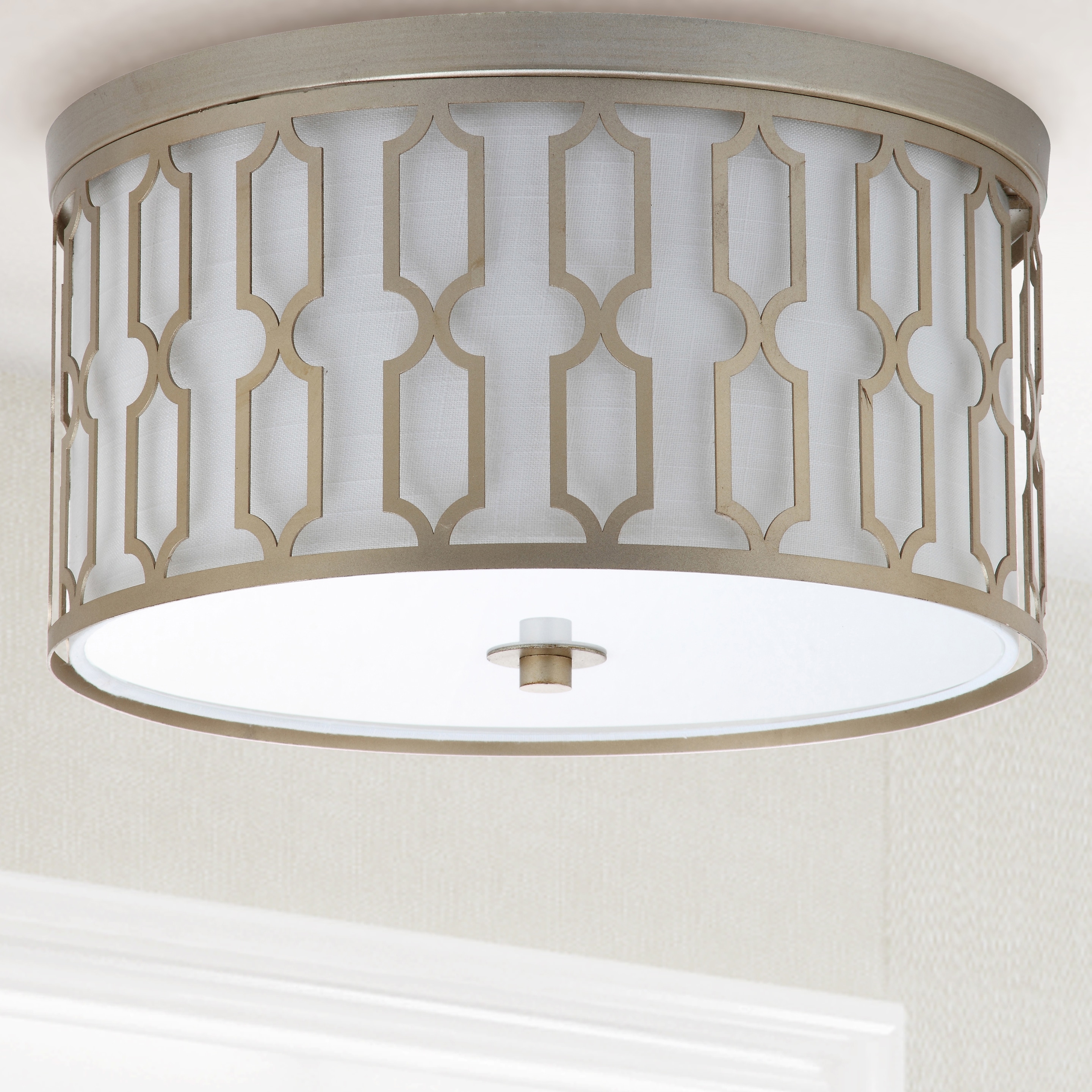 Soft Gold Geometric 3-Light LED Flush Mount with White Linen Shade