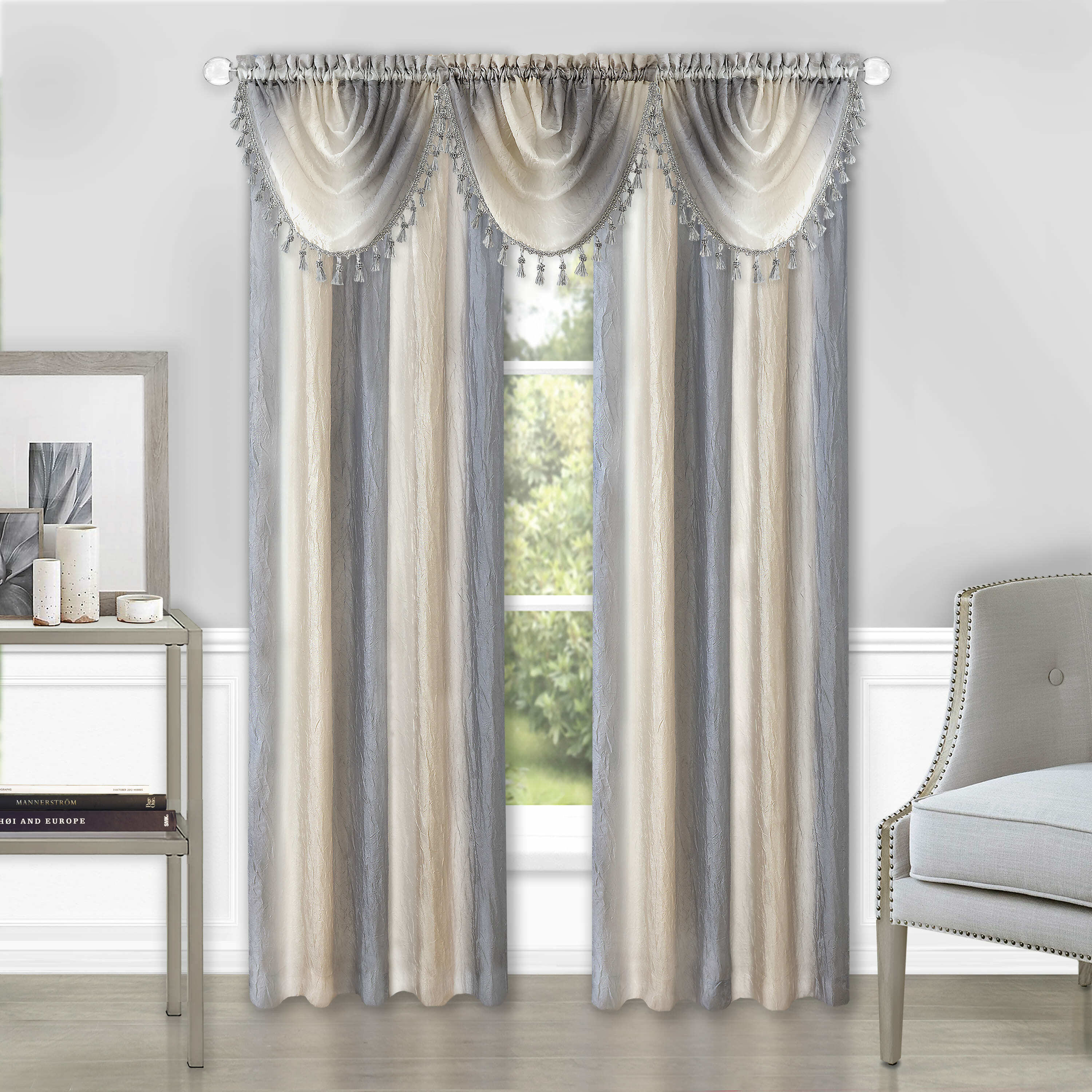 Grey Ombre Polyester Tassel Waterfall Valance, 46" x 42"