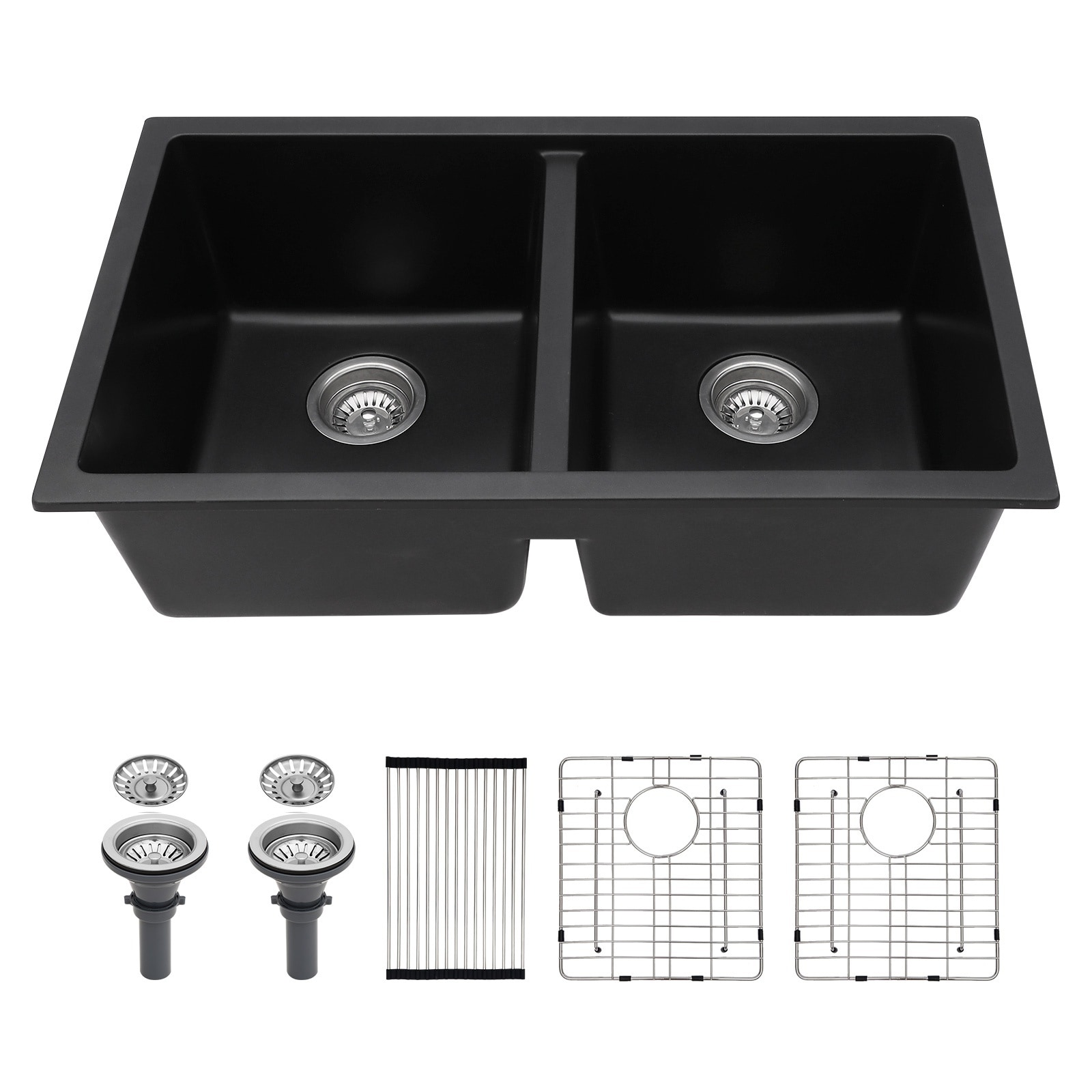 LIVACA 33 inch x 19 inch x 10 inch Black Quartz Composite Kitchen Sink Undermount Double Bowl with Noise Reduction