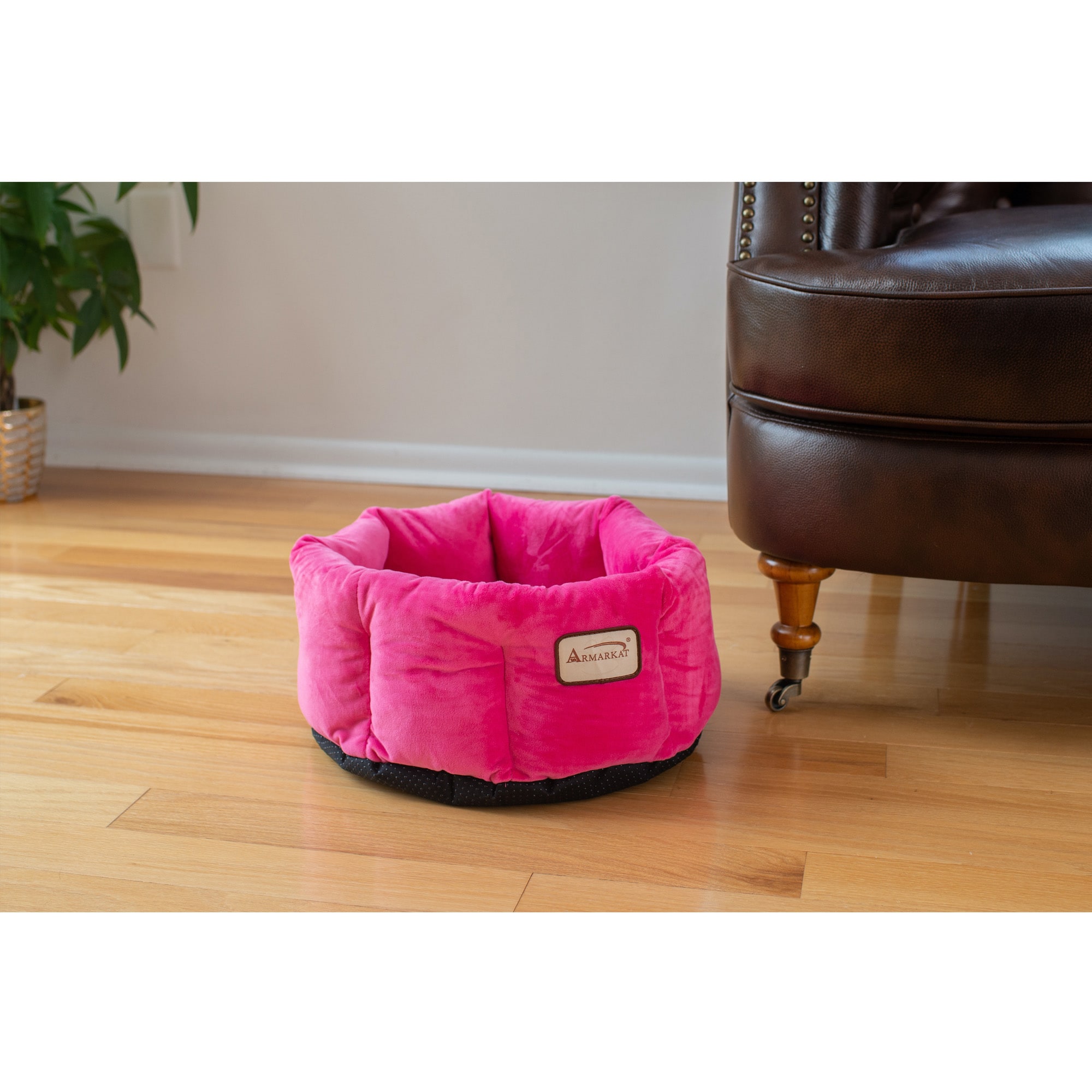 Small Pink Velvet Round Bolster Pet Bed