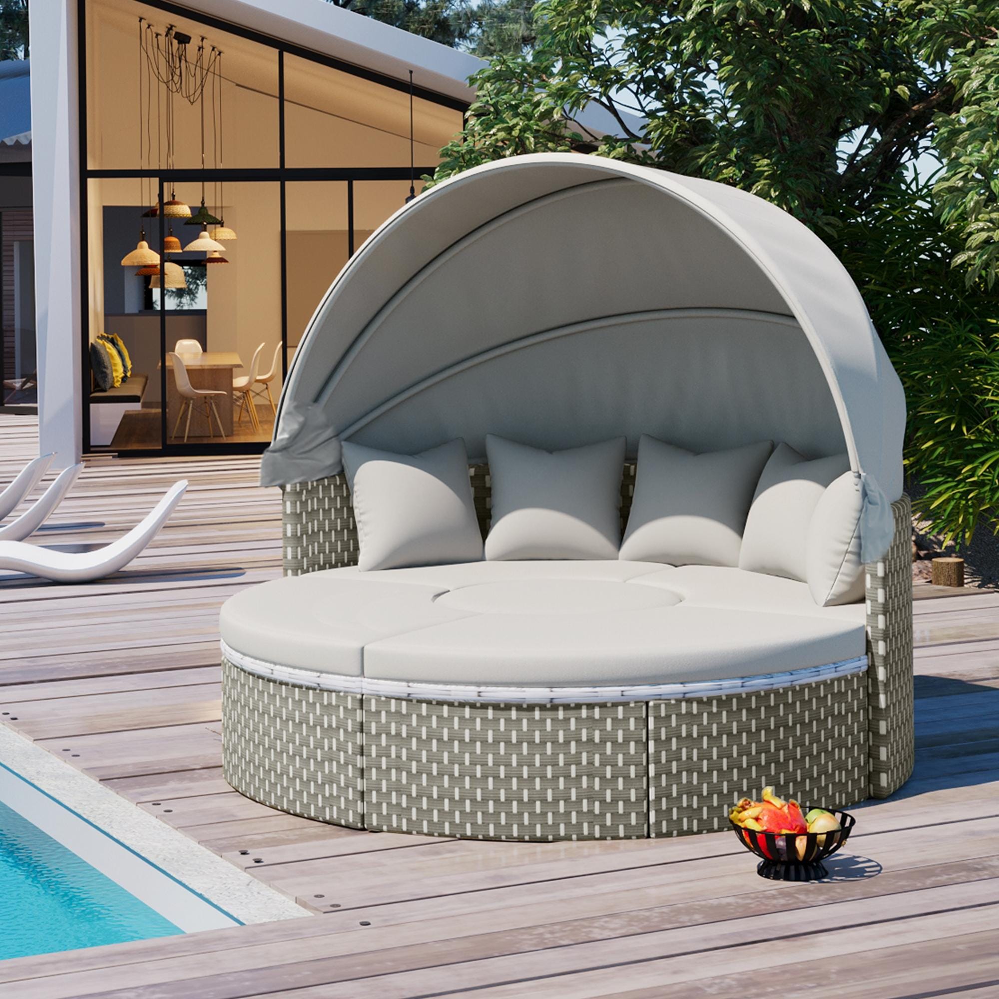 4-Piece Patio Round Sectional Sofa Sunbed Set Rattan Outdoor Sectional with Gray Cushion(S) and Rattan Frame | - Bayfeve BFTP-23E-PCS