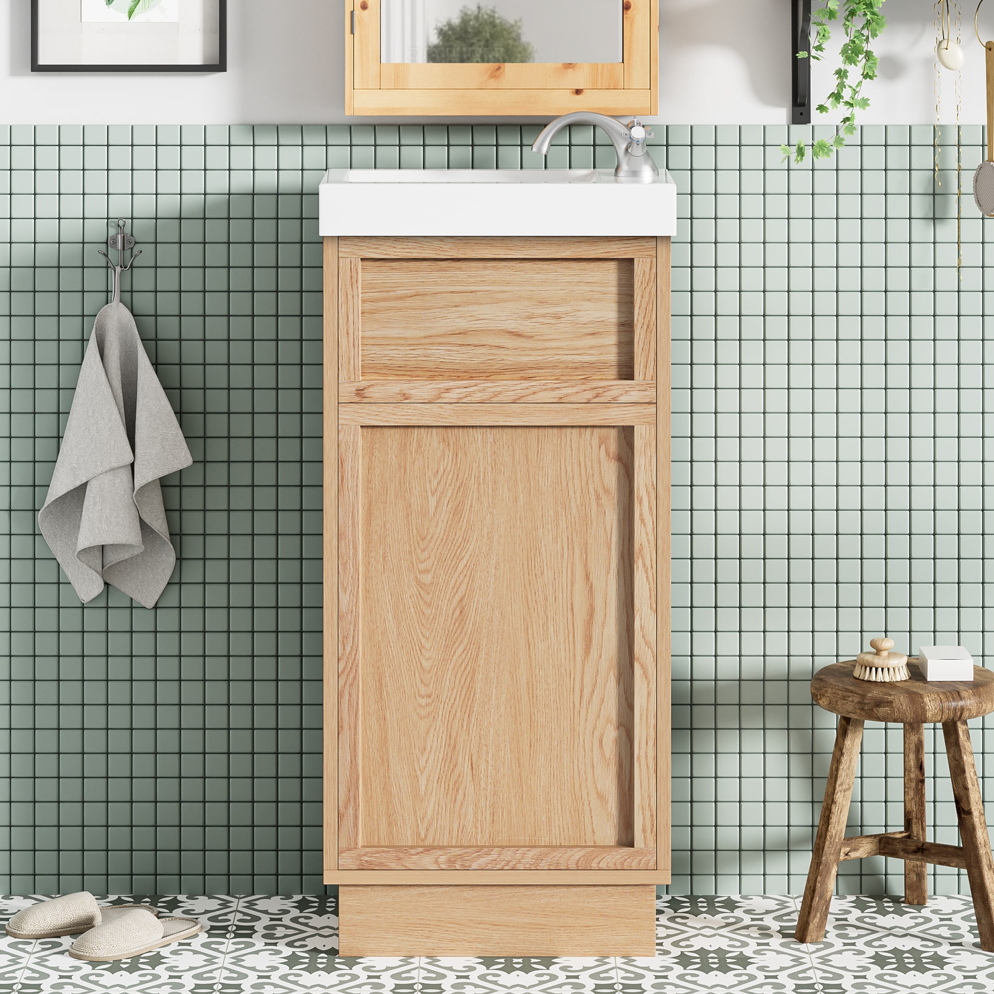 ModernLuxe L3P-N729P285513N 15.75inch Bathroom Vanity with Reversible Resin Sink MDF Cabinet with Adjustable Shelf and PushtoOpen Door Wood Grain Melamine Finish Reversible Door Rustic Style for Small Spaces