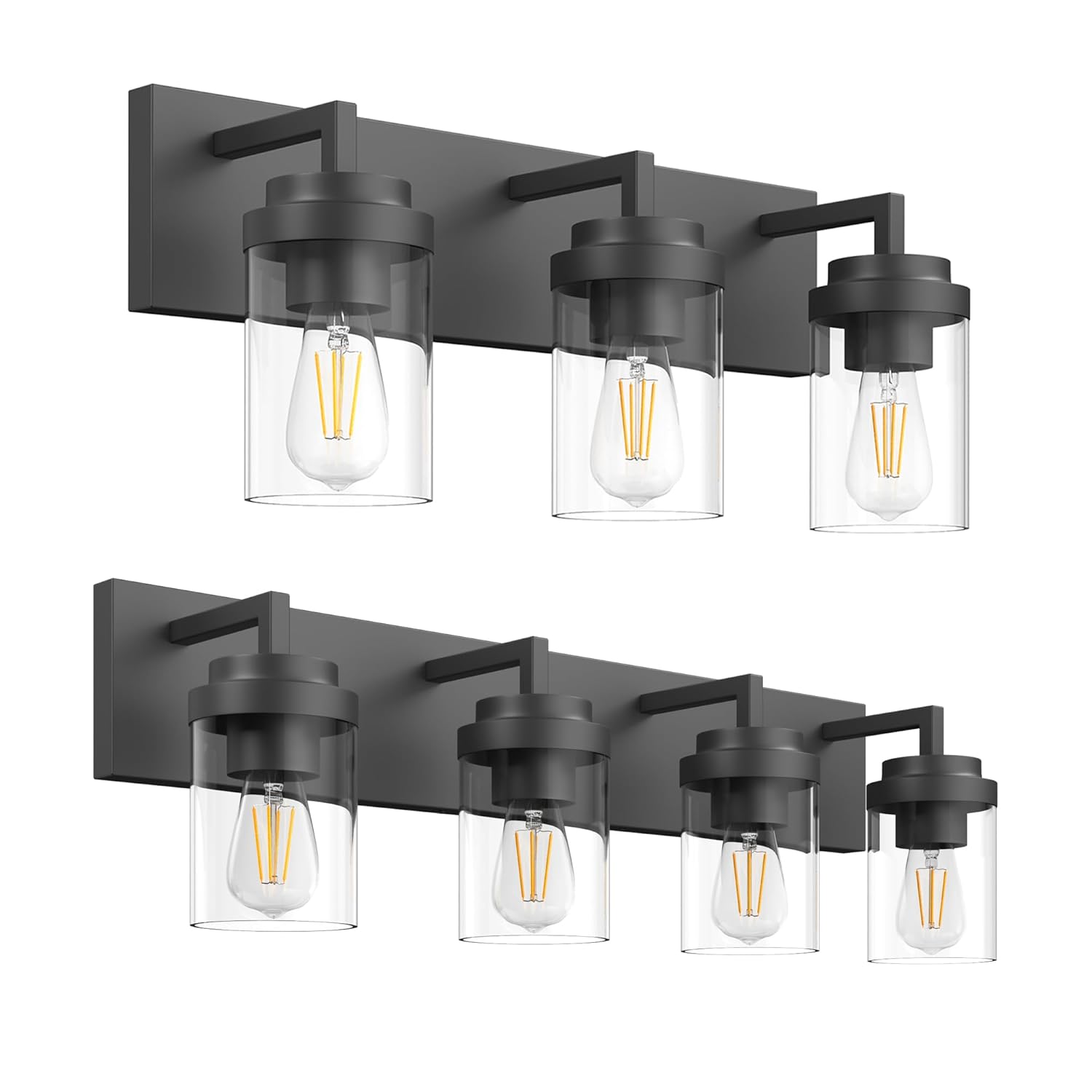 Espird 2-Pack Matte Black Farmhouse Vanity Light Set with Clear Glass Shades - 3-Light 21.7in and 4-Light 29.5in Bathroom Wall Fixtures for Mirror Lighting E26 Base Dimmable