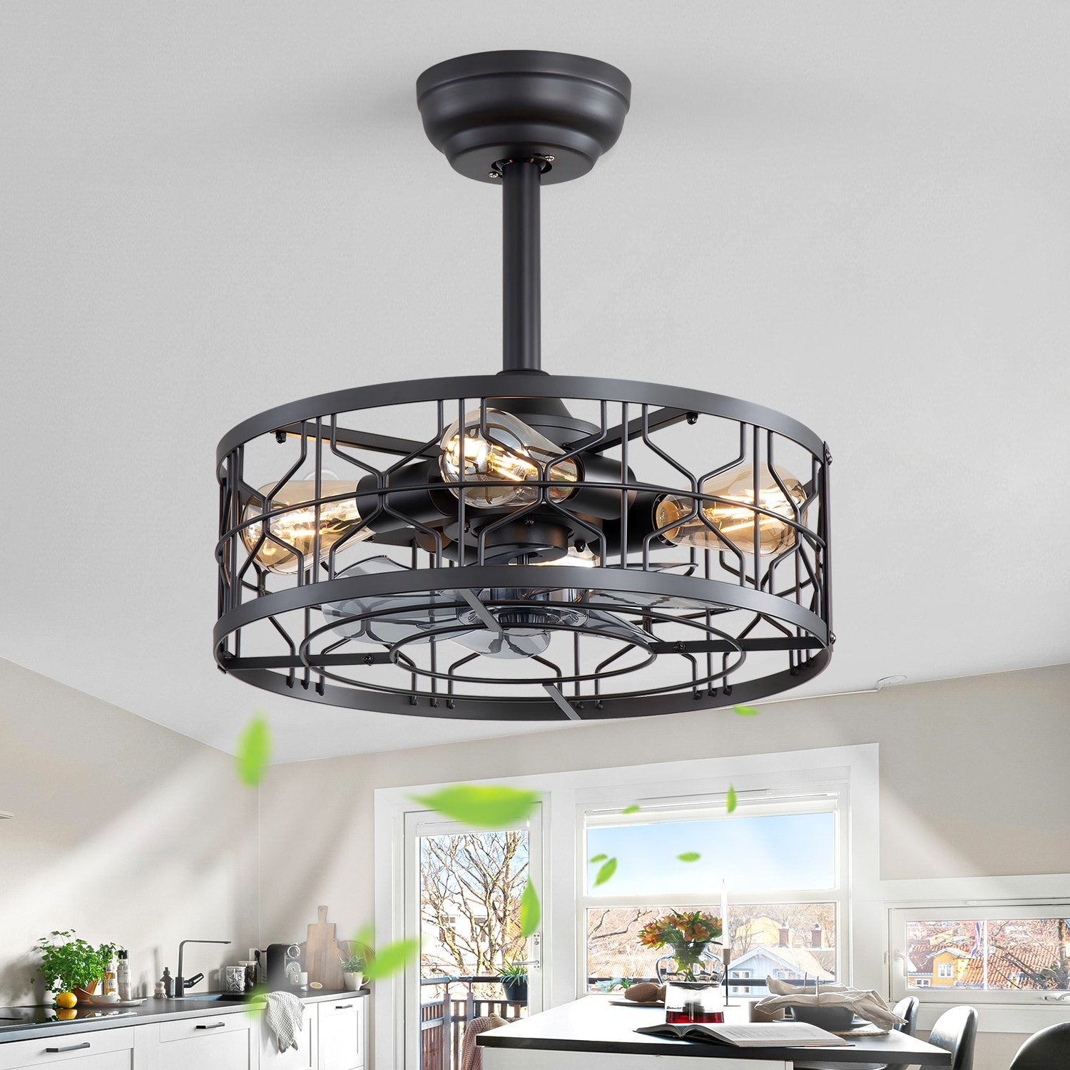 Breezary 35067-BK Caged/KD Version 17-in Matte Black with Gray Blades Fandelier Ceiling Fan With Light - Remote Included ( 7 -Blade )