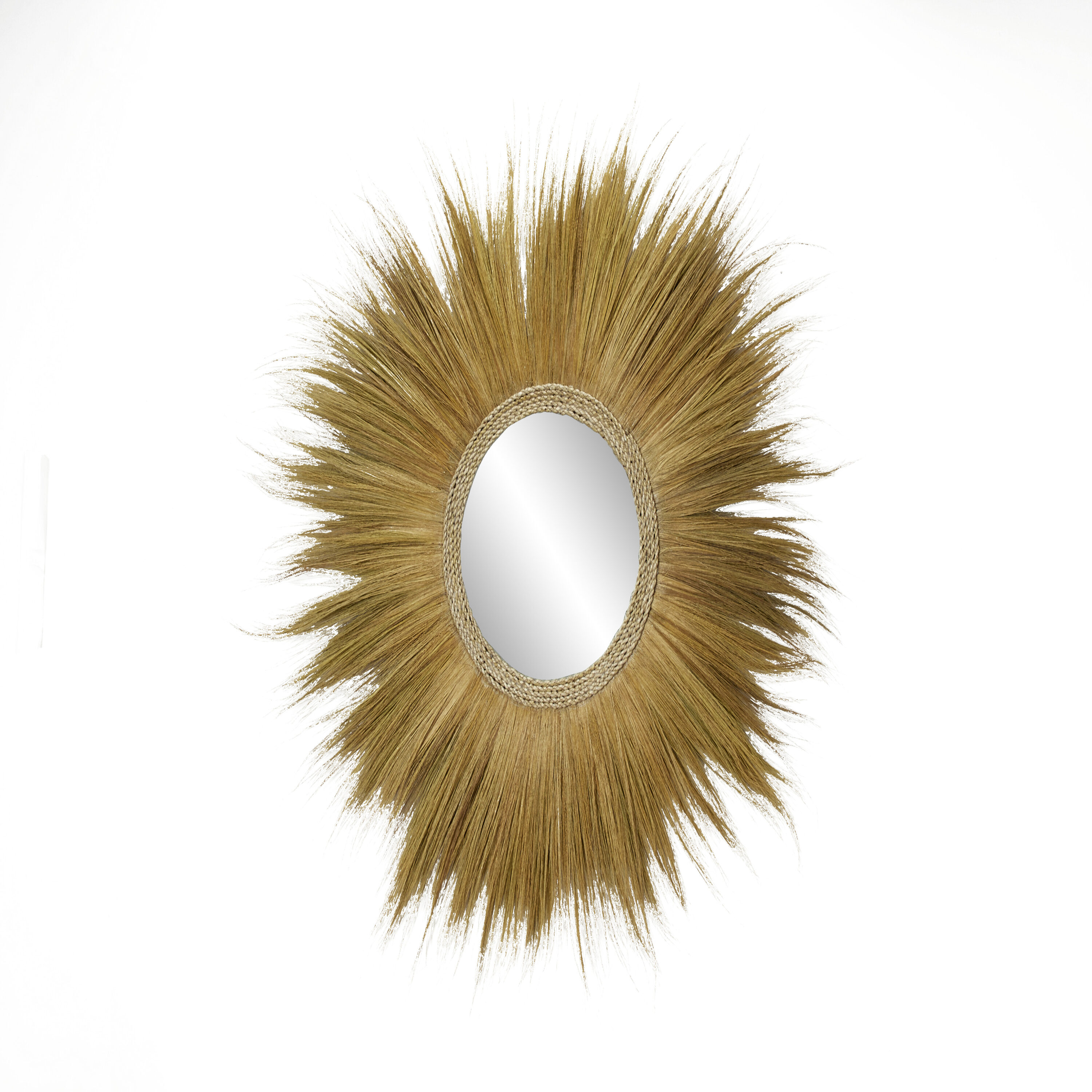 Golden Sunburst Round Decorative Wall Mirror with Grass Trim
