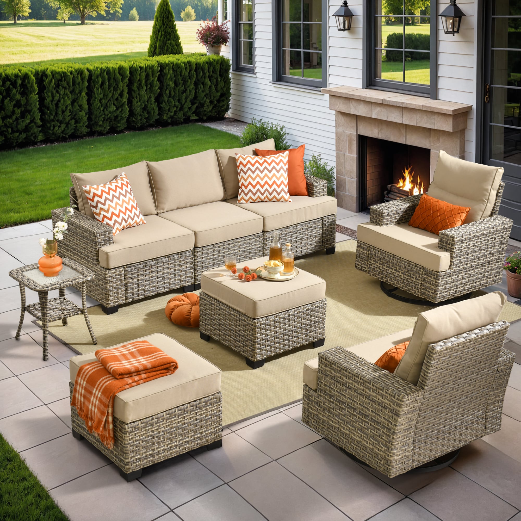 XIZZI XITBS6064-RC3 Agate 6 -Piece Rattan Patio Sofa Conversation Set with Off-white Cushions