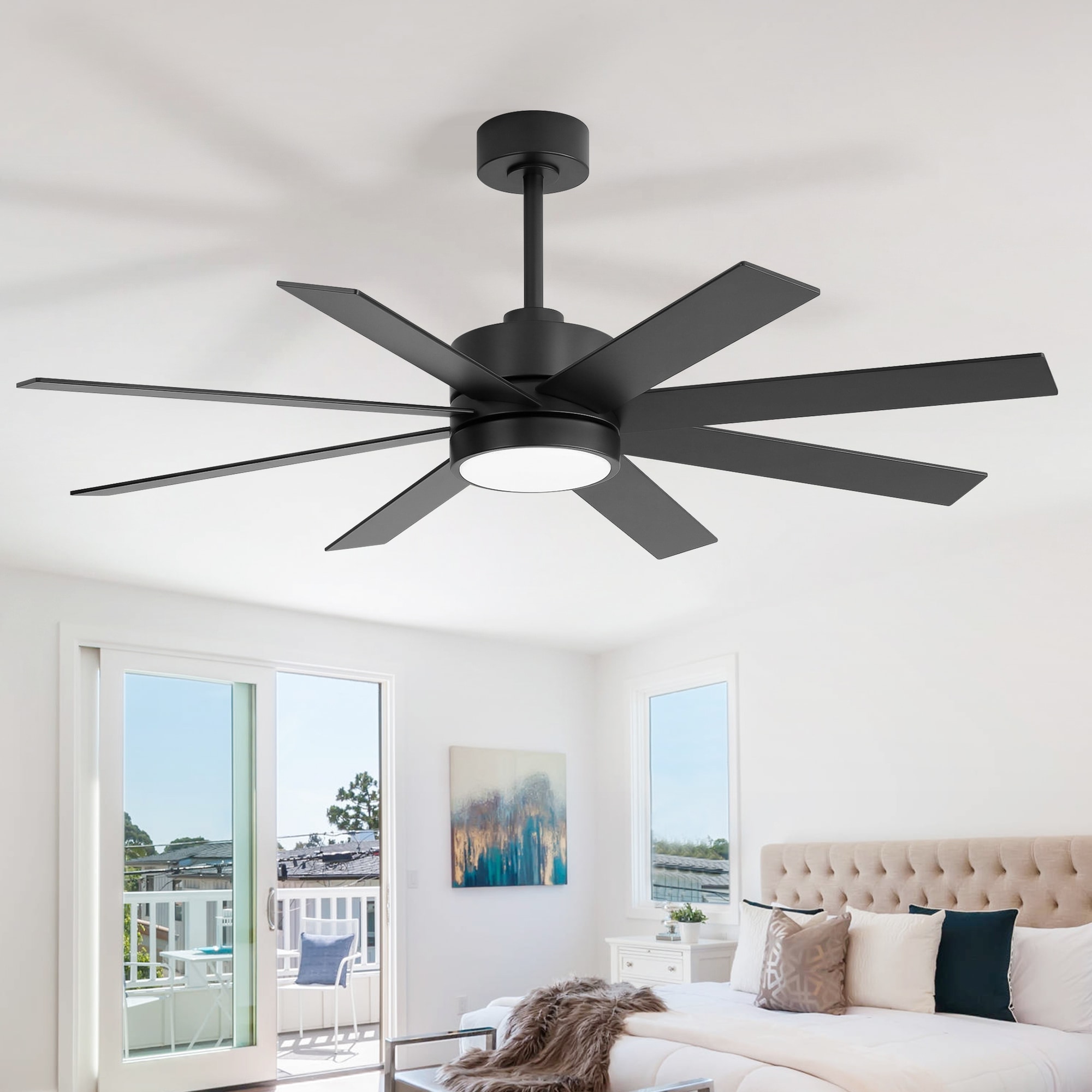 Breezary 52-in Matte Black with Black and Dark Brown Blades LED Fandelier Ceiling Fan With Light and Remote Control Included 8 -Blade