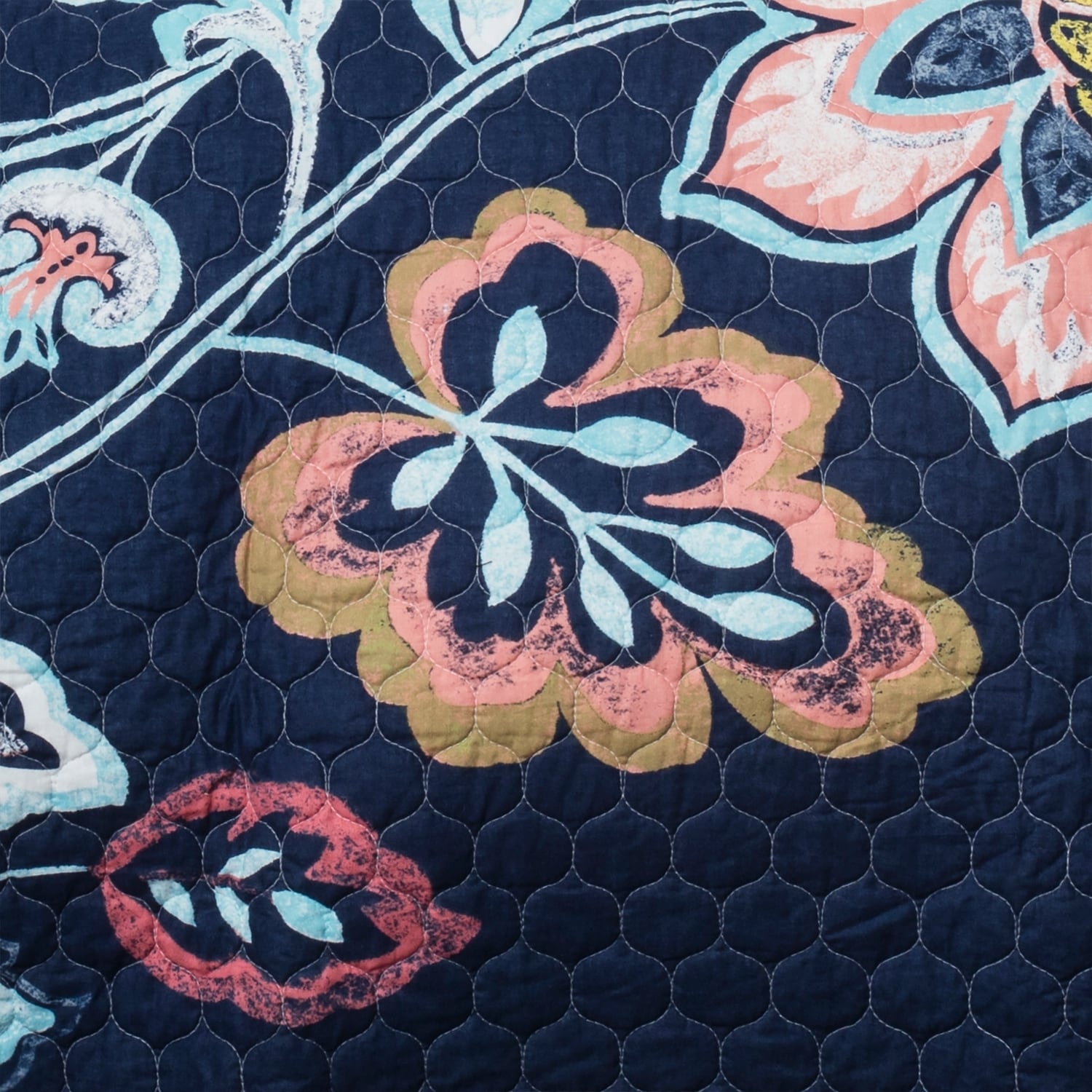 Navy Floral Cotton Reversible Full Quilt Set