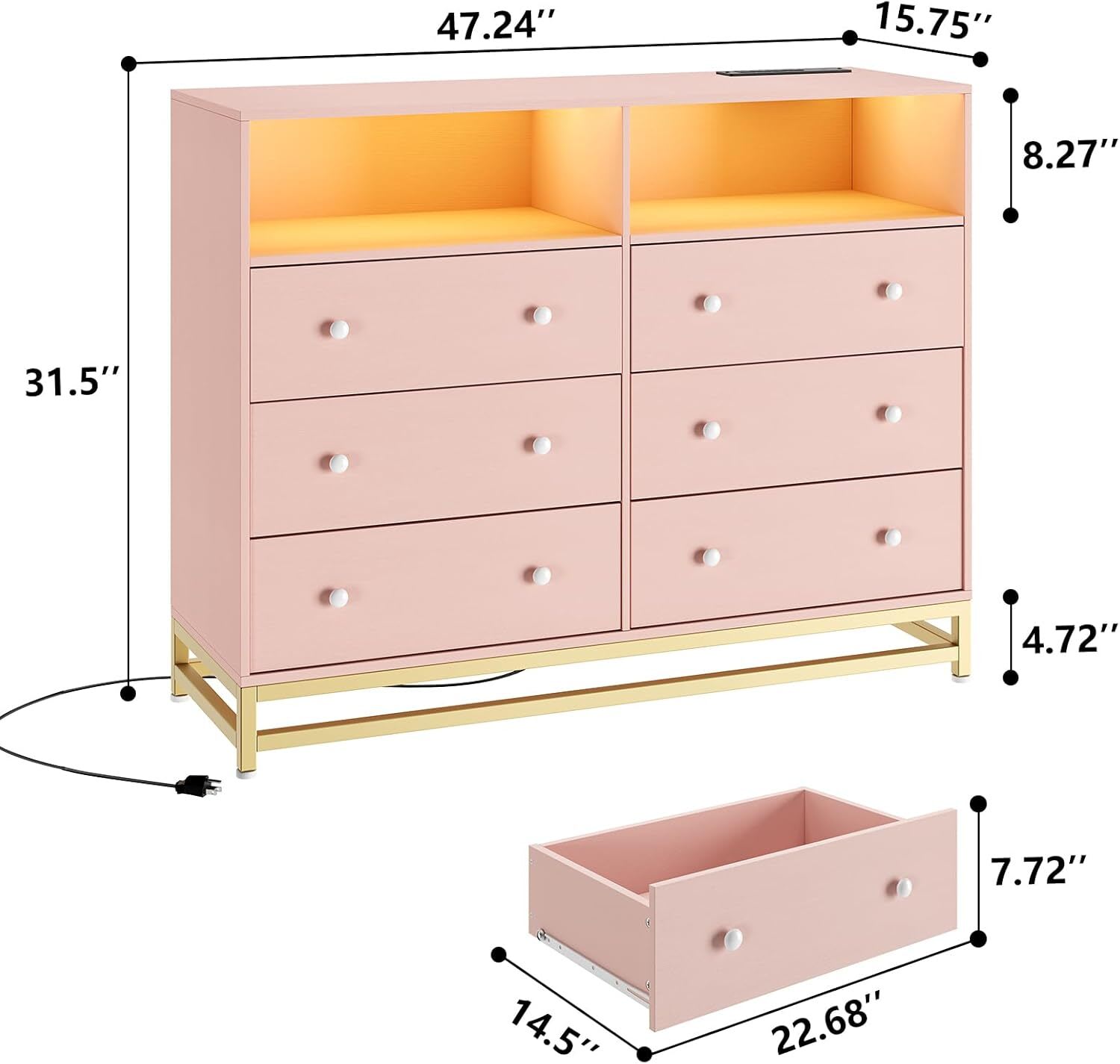 WhizMax LDYLSPHO-11ER5MV9 6 Drawer Dresser With Rgb Led Lights And Built In Charging Station Large Capacity Modern Wood Chest For Bedroom Living Room Closet Entryway Tv Stand Compatible 47 Point 2 Inch Wide Pink